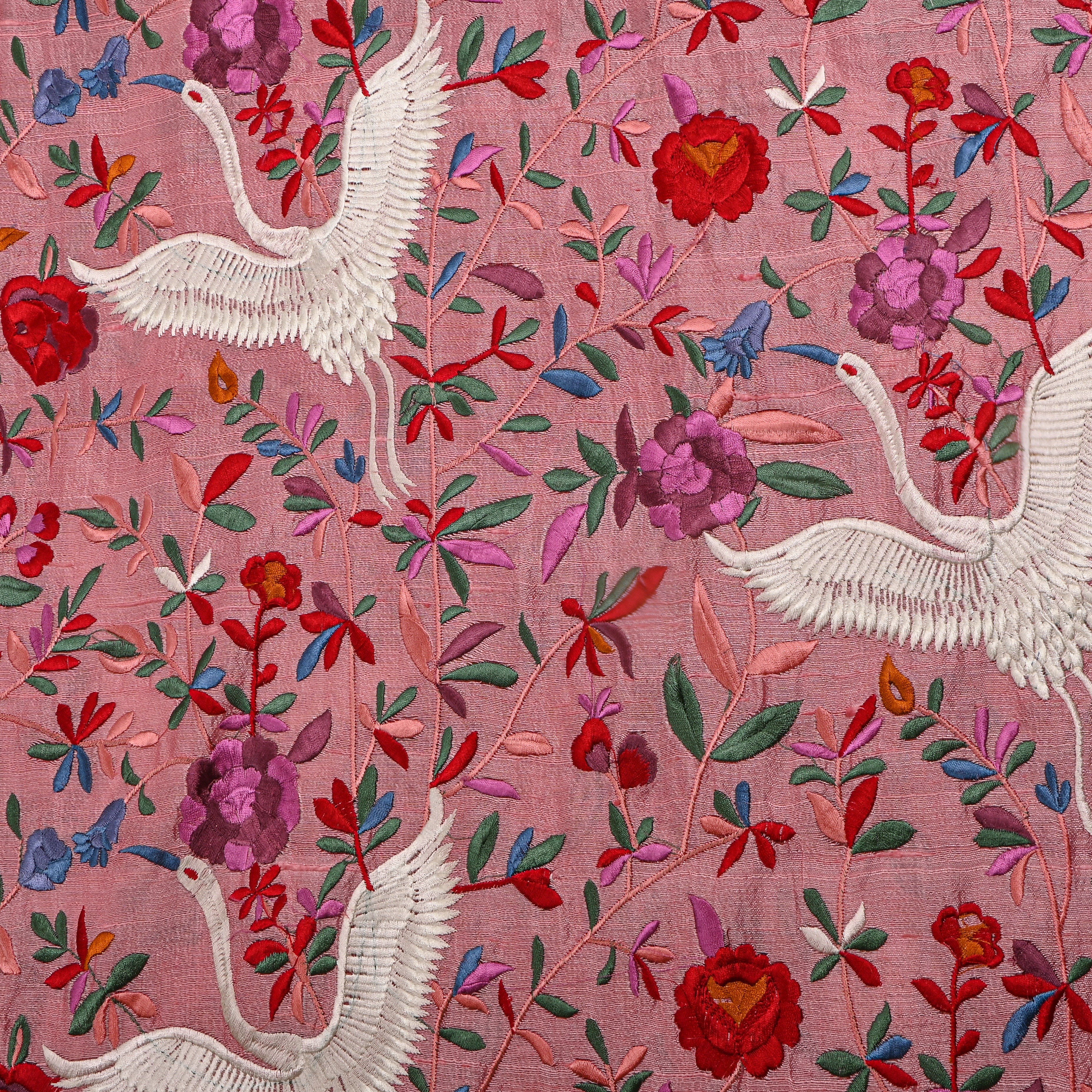 Bright Pink Raw Silk With Bird Motif Thread Work