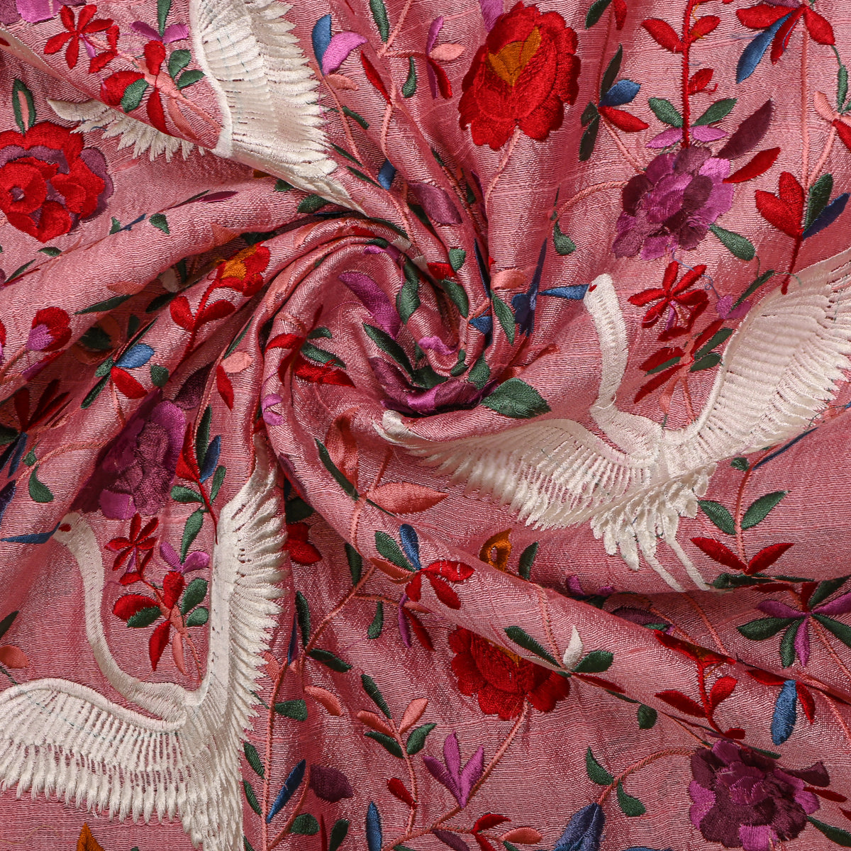 Bright Pink Raw Silk With Bird Motif Thread Work