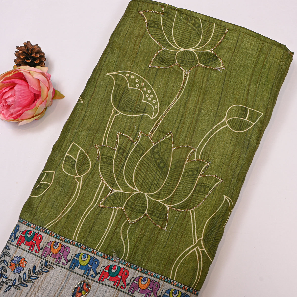 Olive Green Lotus Elephant Border Print Dupion Silk Fabric
