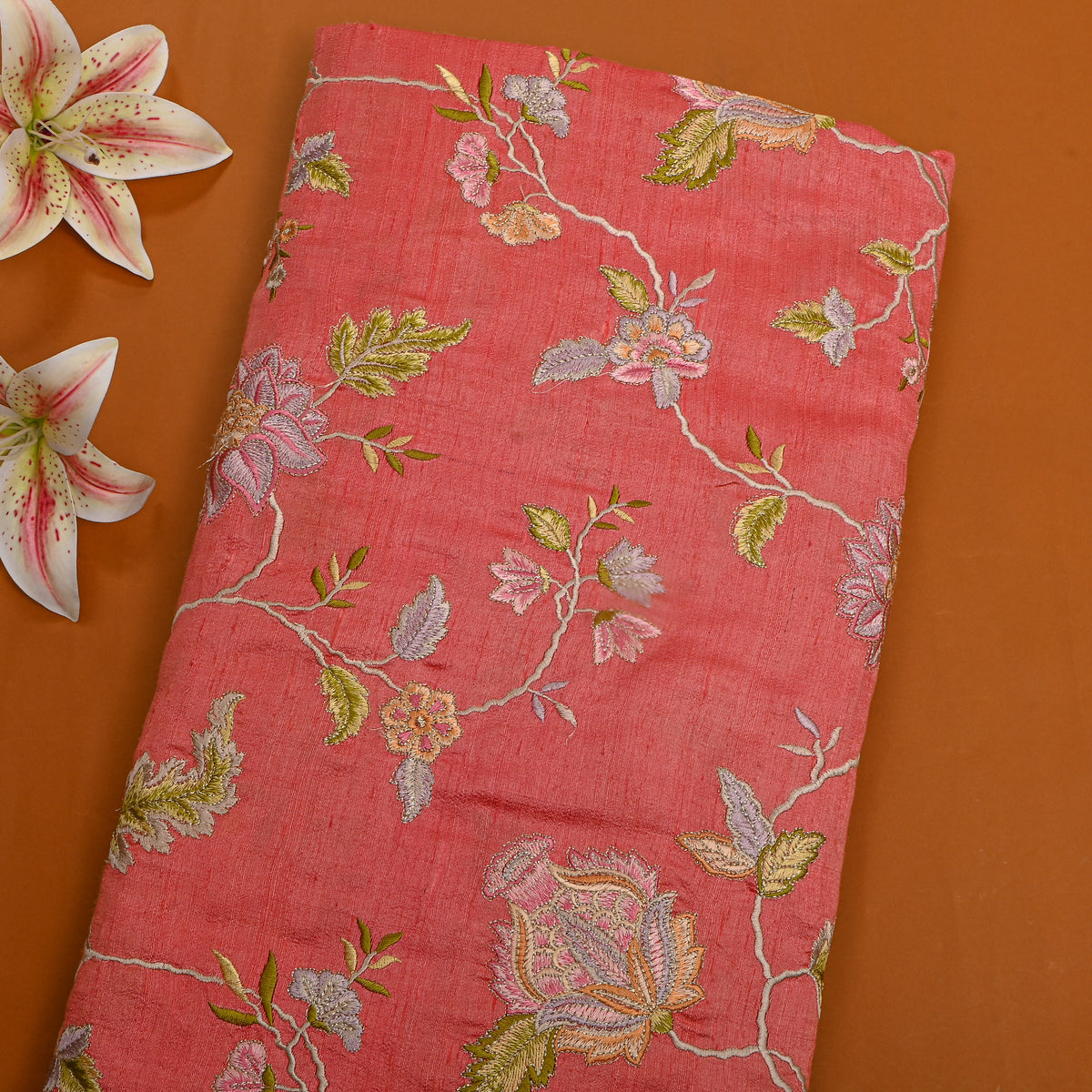 Red Floral Jaal Thread Work Raw Silk Fabric