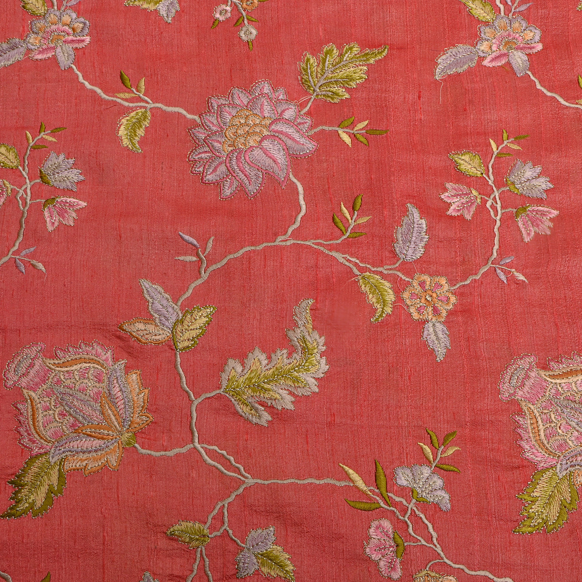Red Floral Jaal Thread Work Raw Silk Fabric