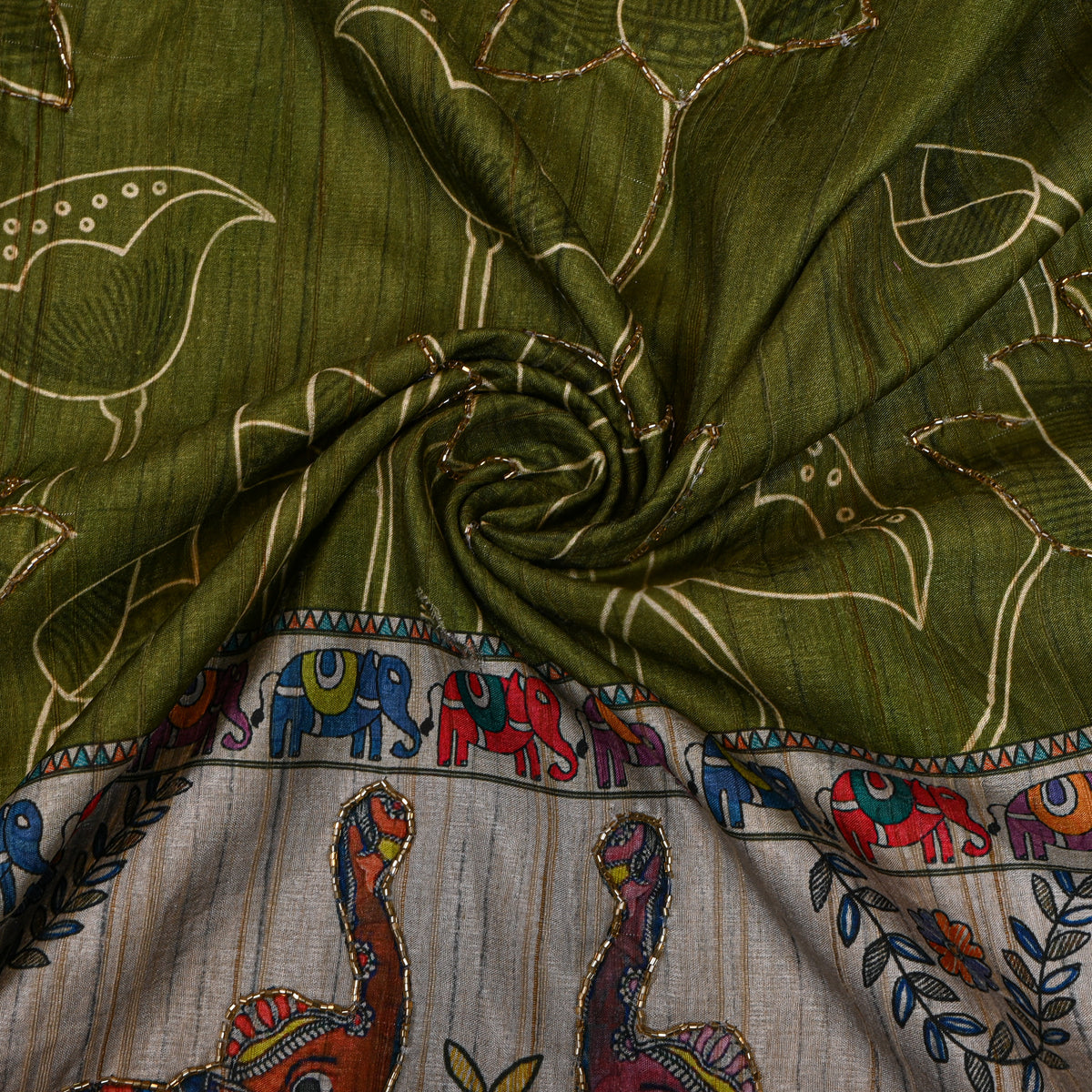 Olive Green Lotus Elephant Border Print Dupion Silk Fabric