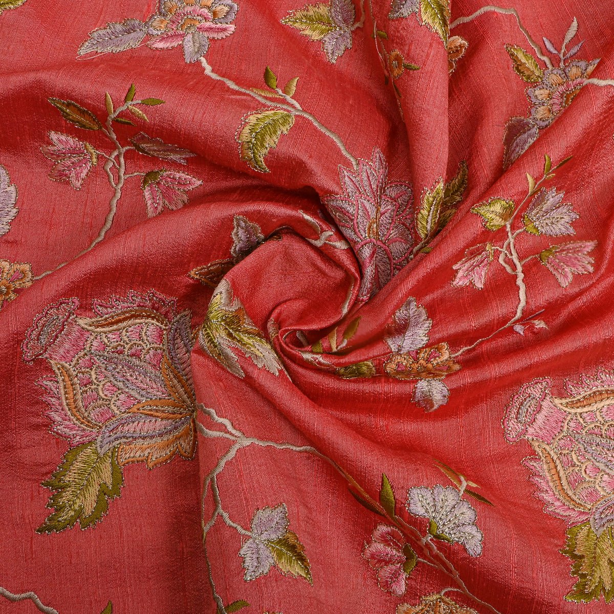 Red Floral Jaal Thread Work Raw Silk Fabric