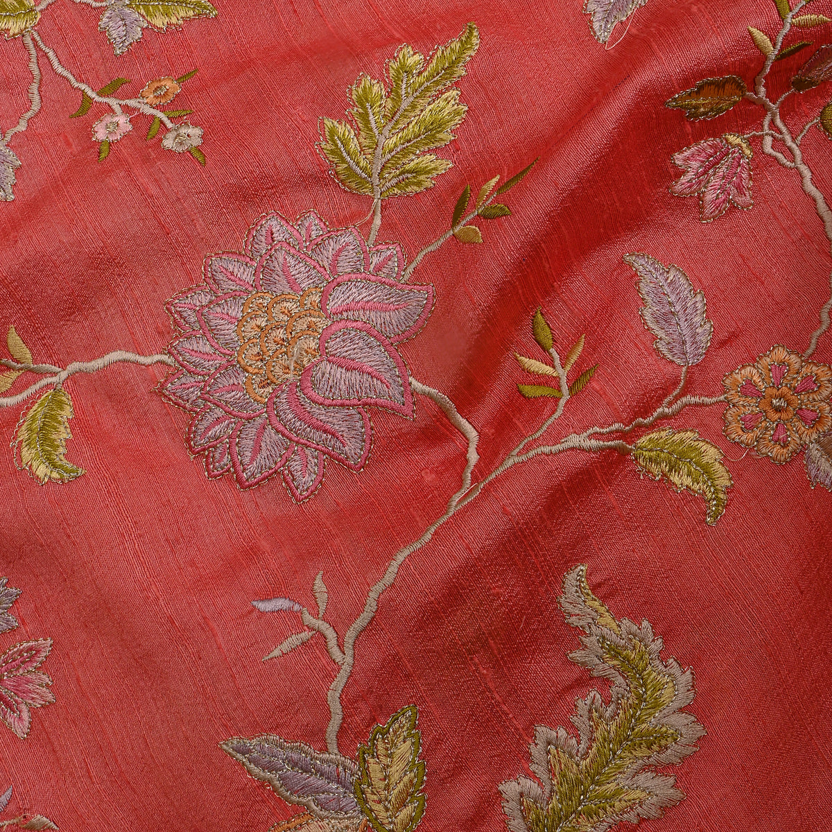 Red Floral Jaal Thread Work Raw Silk Fabric