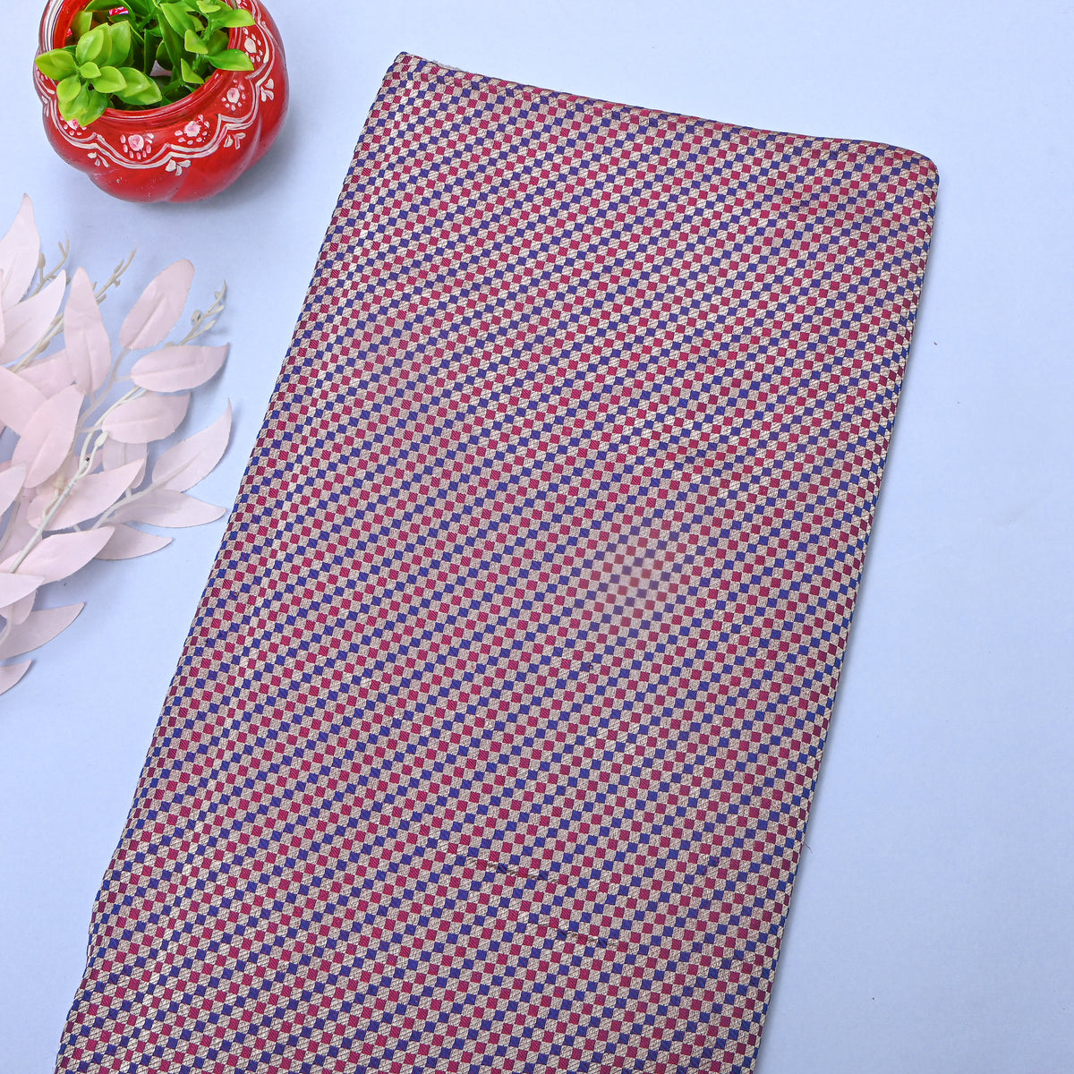 Wine Maroon And Blue Checked Jamawar Silk Fabric