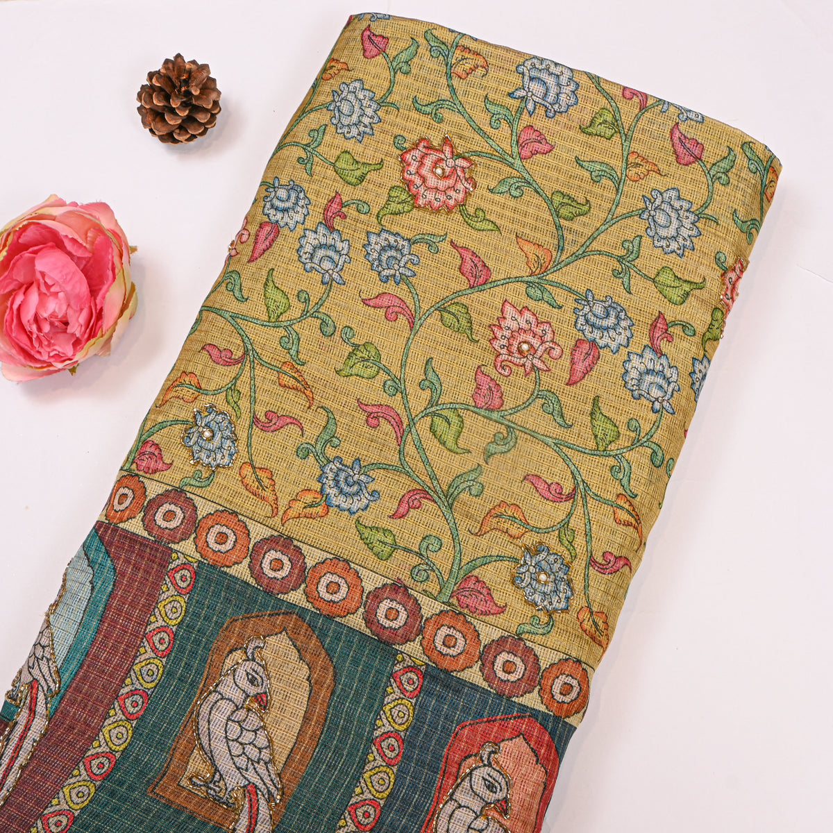 Mustard Floral Vine Parrot Print Embroidered Kota Doria Fabric
