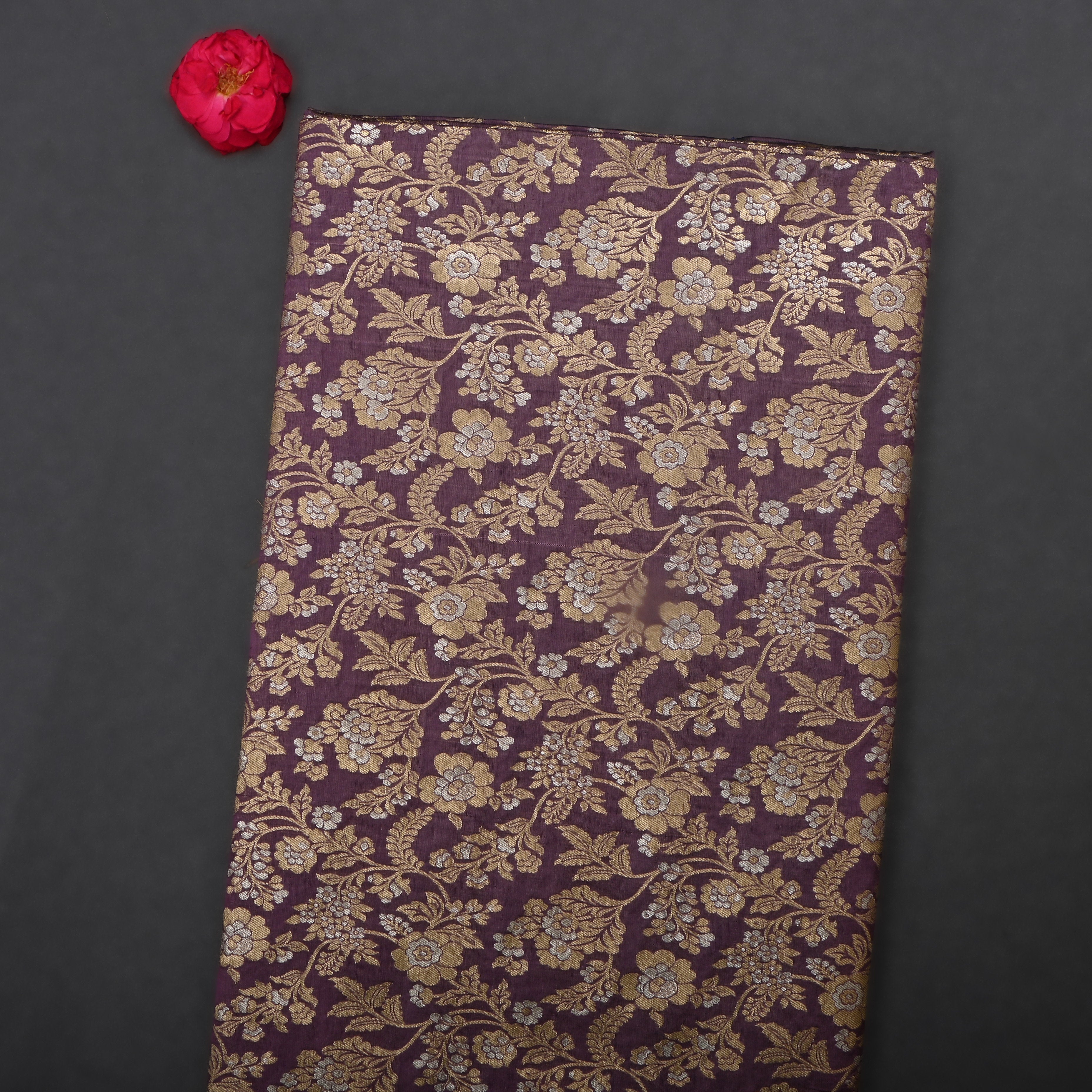 Dark Byzantium Magenta Jamawar Silk Fabric With Floral Jaal