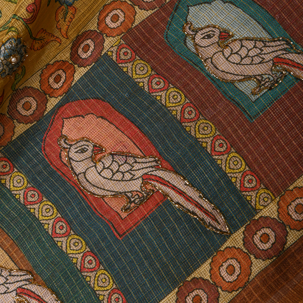 Mustard Floral Vine Parrot Print Embroidered Kota Doria Fabric