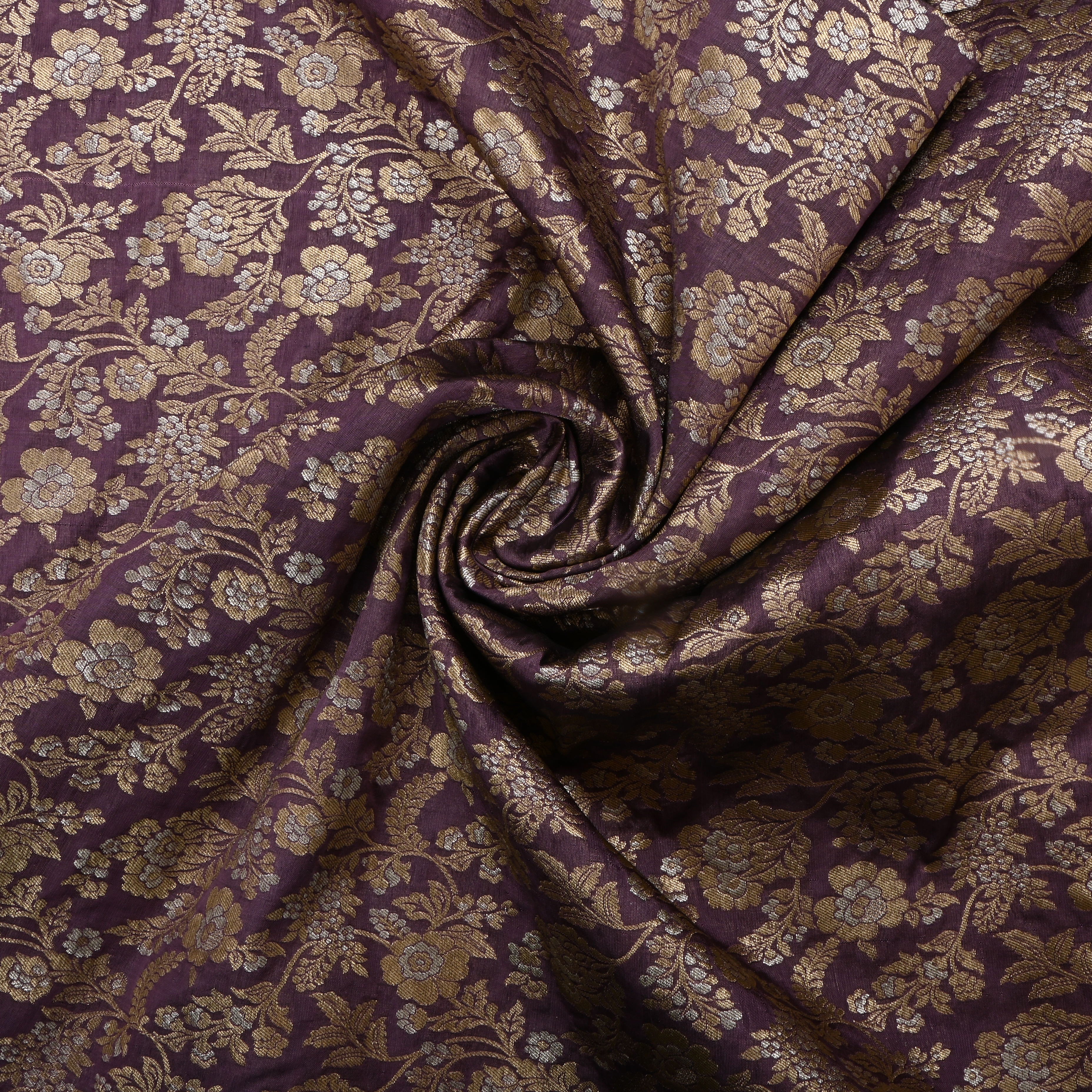 Dark Byzantium Magenta Jamawar Silk Fabric With Floral Jaal