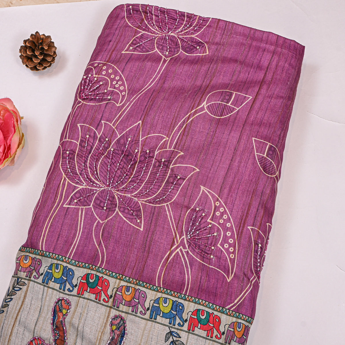 Mulberry Purple Lotus Elephant Border Print Dupion Silk Fabric