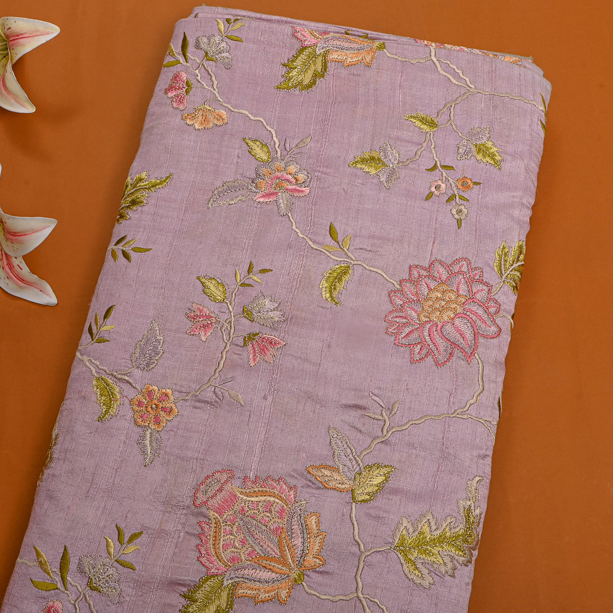 Purple Floral Jaal Thread Work Raw Silk Fabric