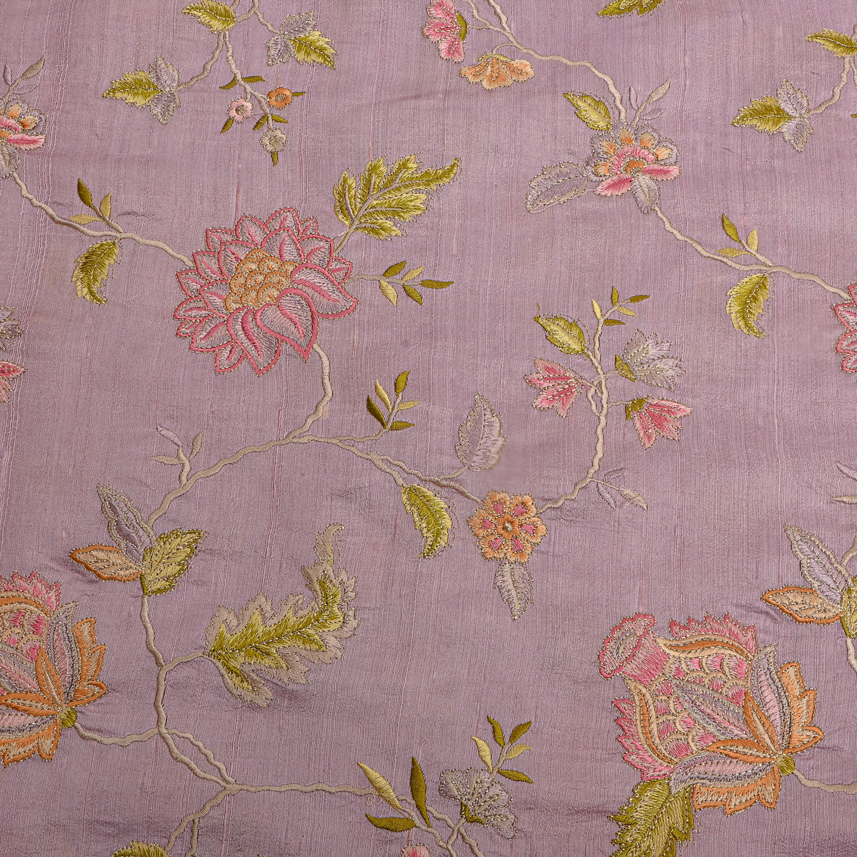 Purple Floral Jaal Thread Work Raw Silk Fabric
