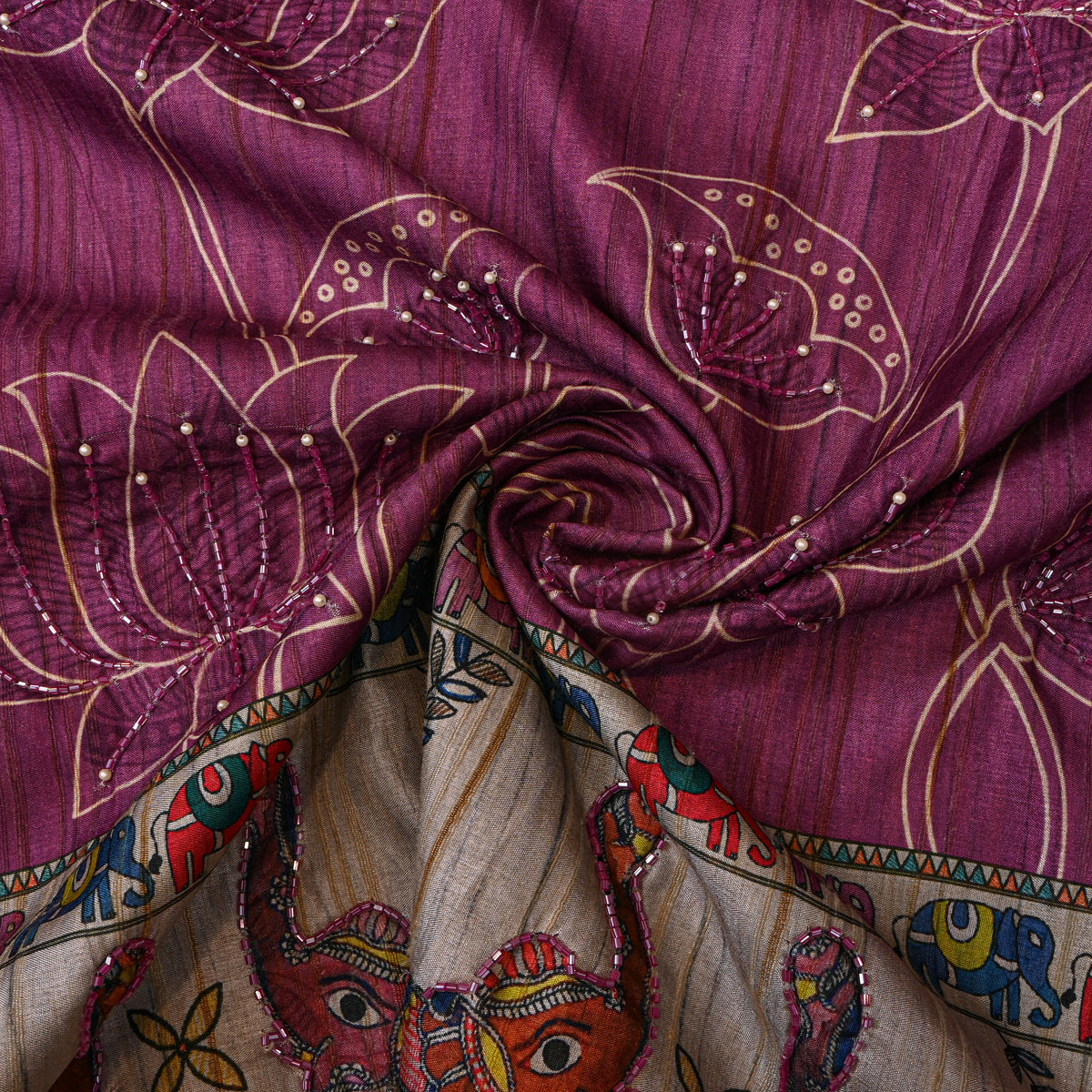 Mulberry Purple Lotus Elephant Border Print Dupion Silk Fabric