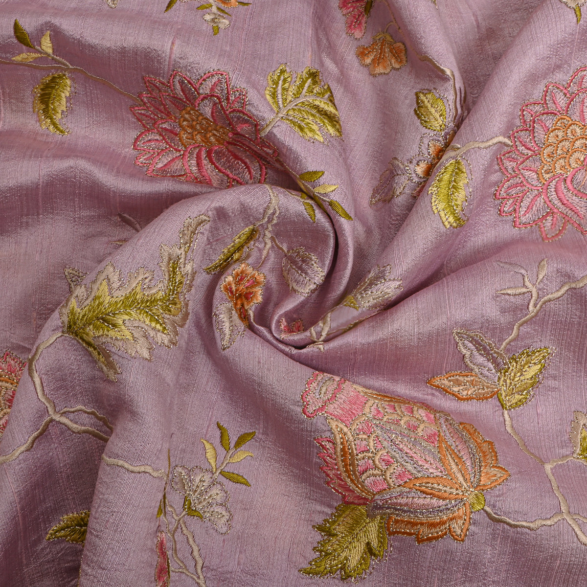 Purple Floral Jaal Thread Work Raw Silk Fabric