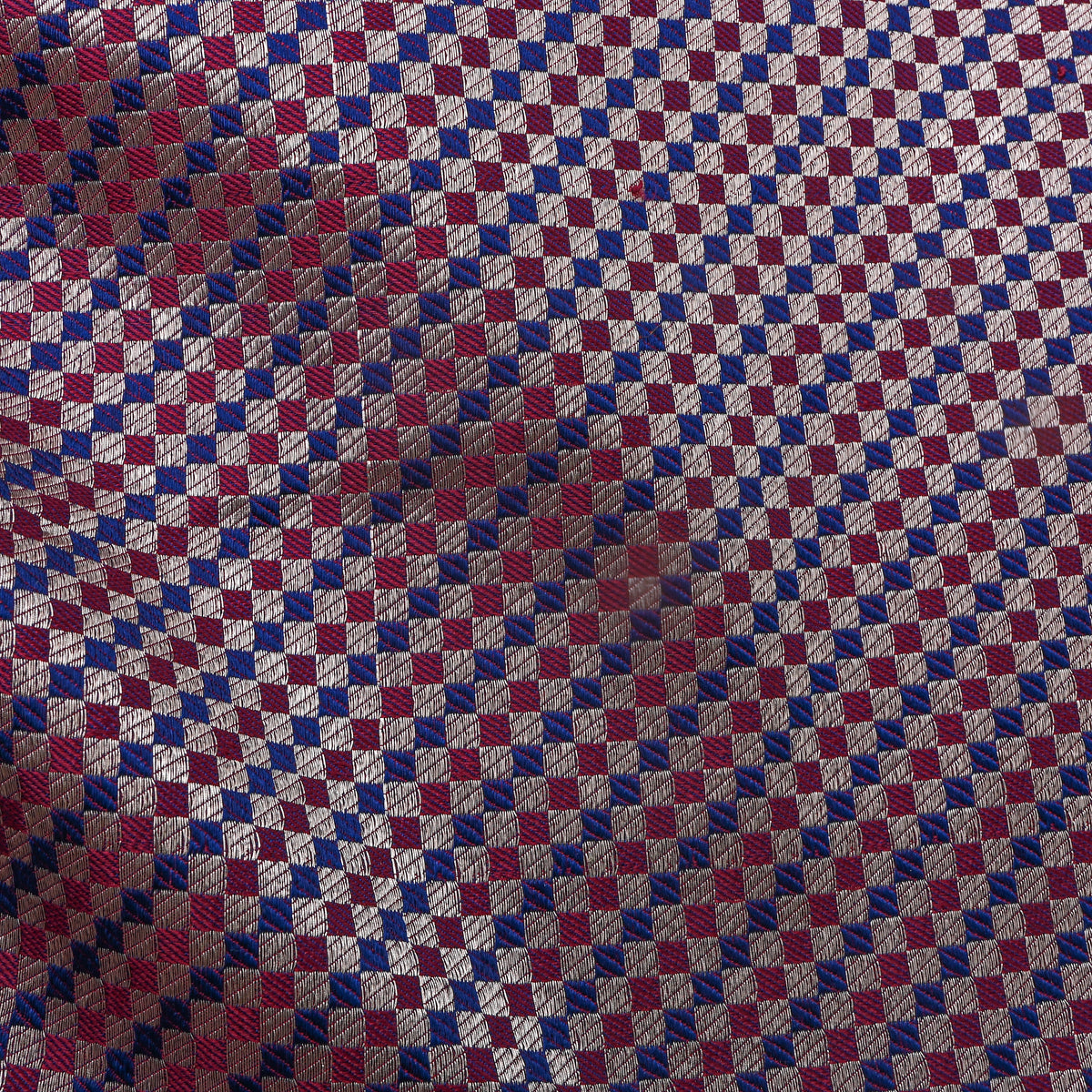 Wine Maroon And Blue Checked Jamawar Silk Fabric