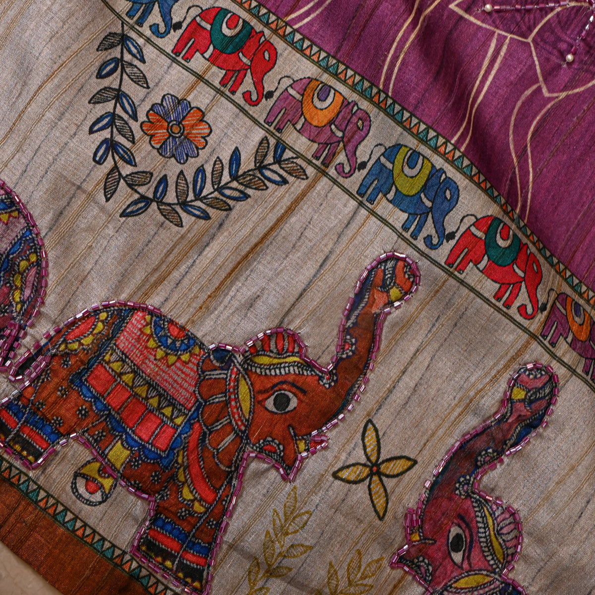 Mulberry Purple Lotus Elephant Border Print Dupion Silk Fabric