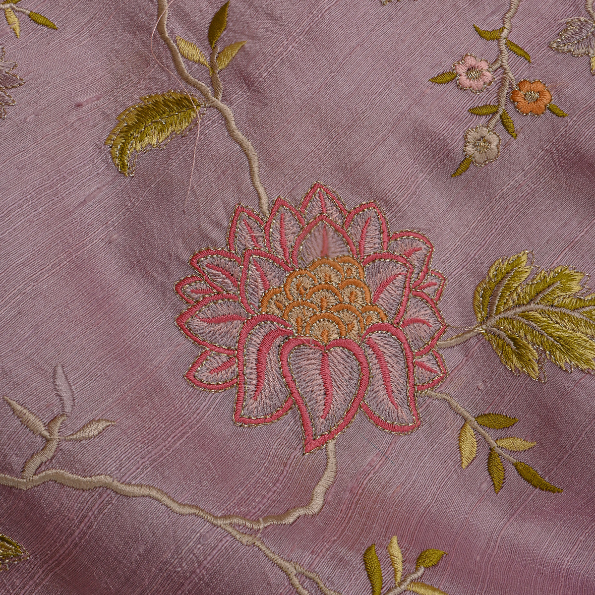 Purple Floral Jaal Thread Work Raw Silk Fabric