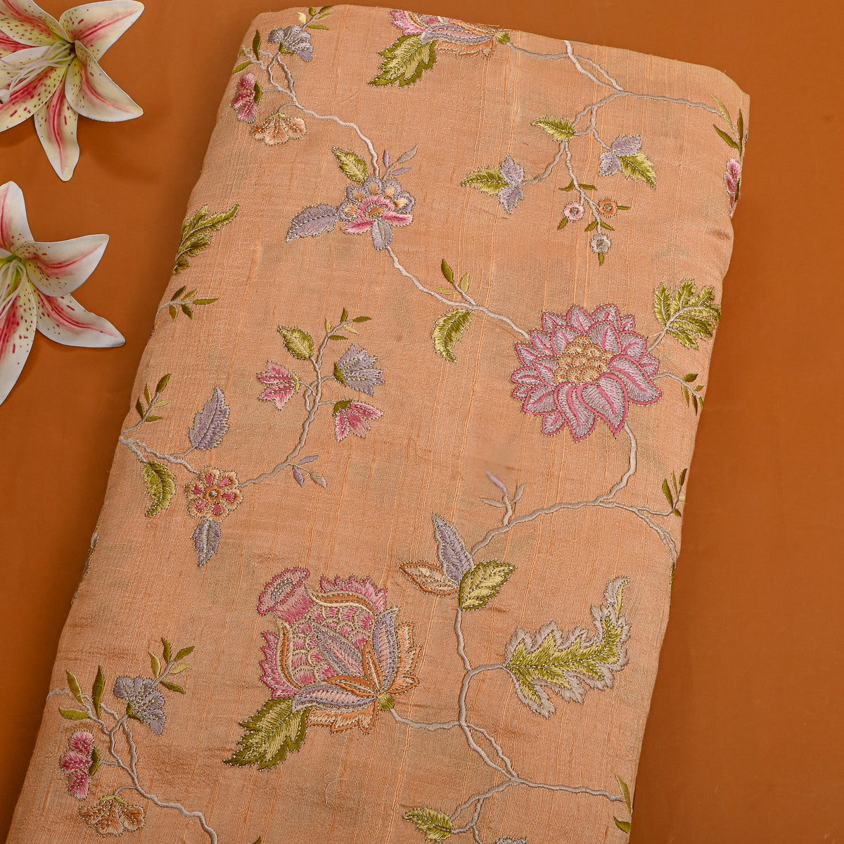 Peach Floral Jaal Thread Work Raw Silk Fabric