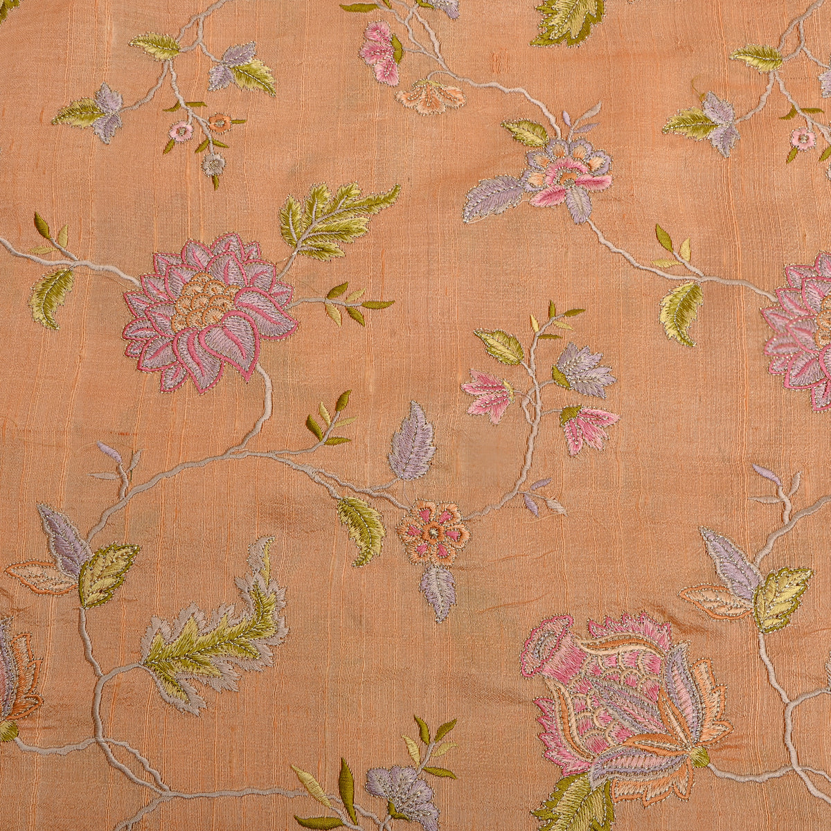Peach Floral Jaal Thread Work Raw Silk Fabric