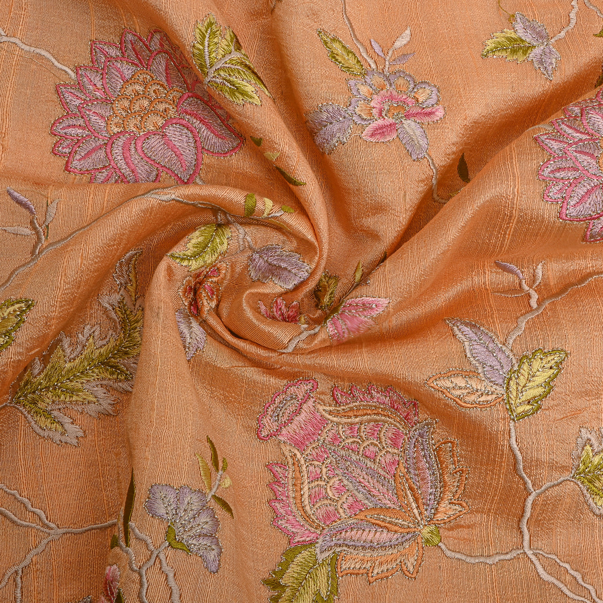 Peach Floral Jaal Thread Work Raw Silk Fabric