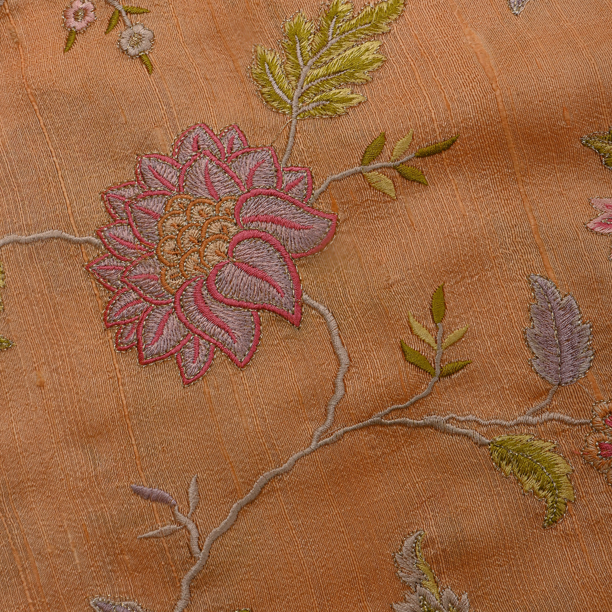 Peach Floral Jaal Thread Work Raw Silk Fabric