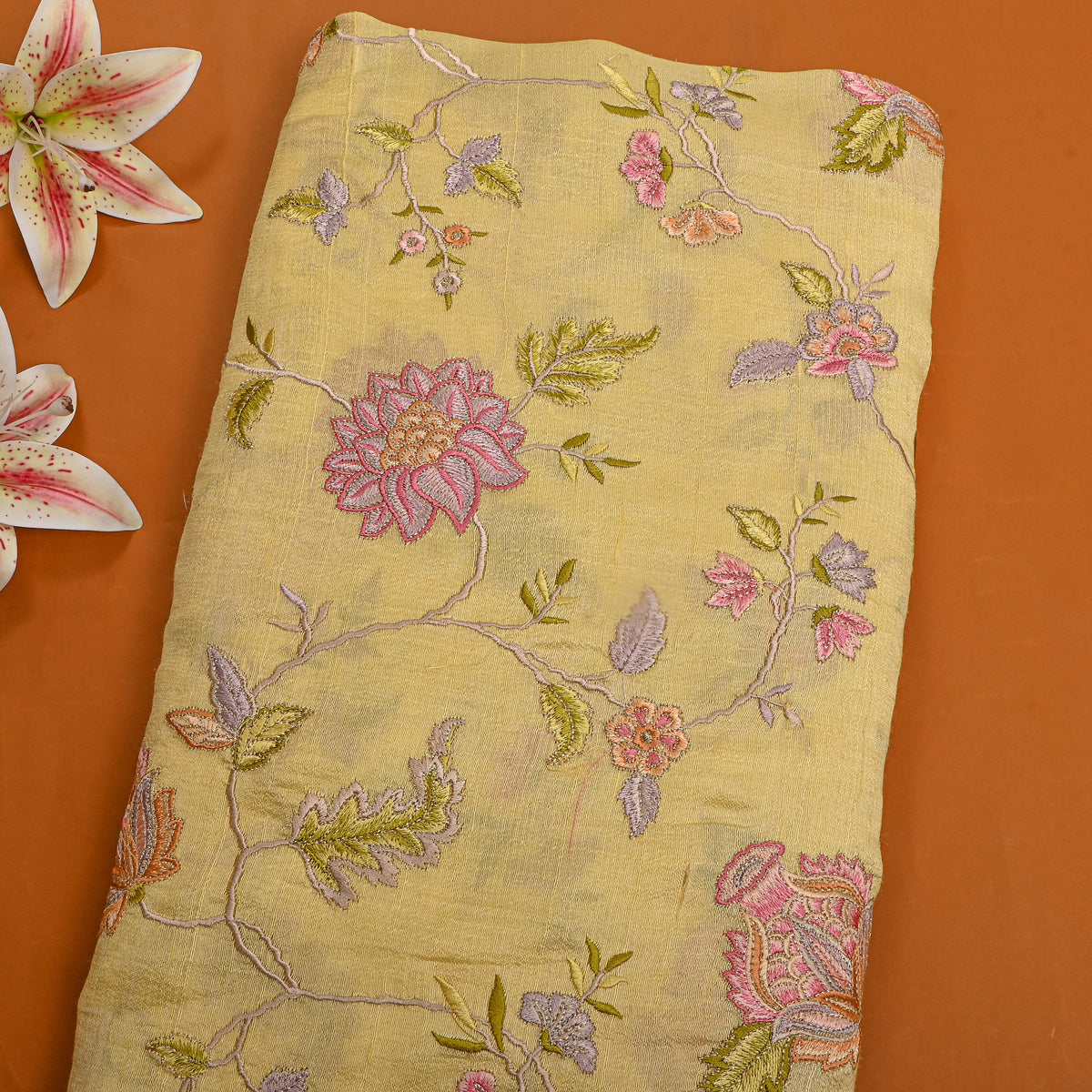 Y Ellow Floral Jaal Thread Work Raw Silk Fabric