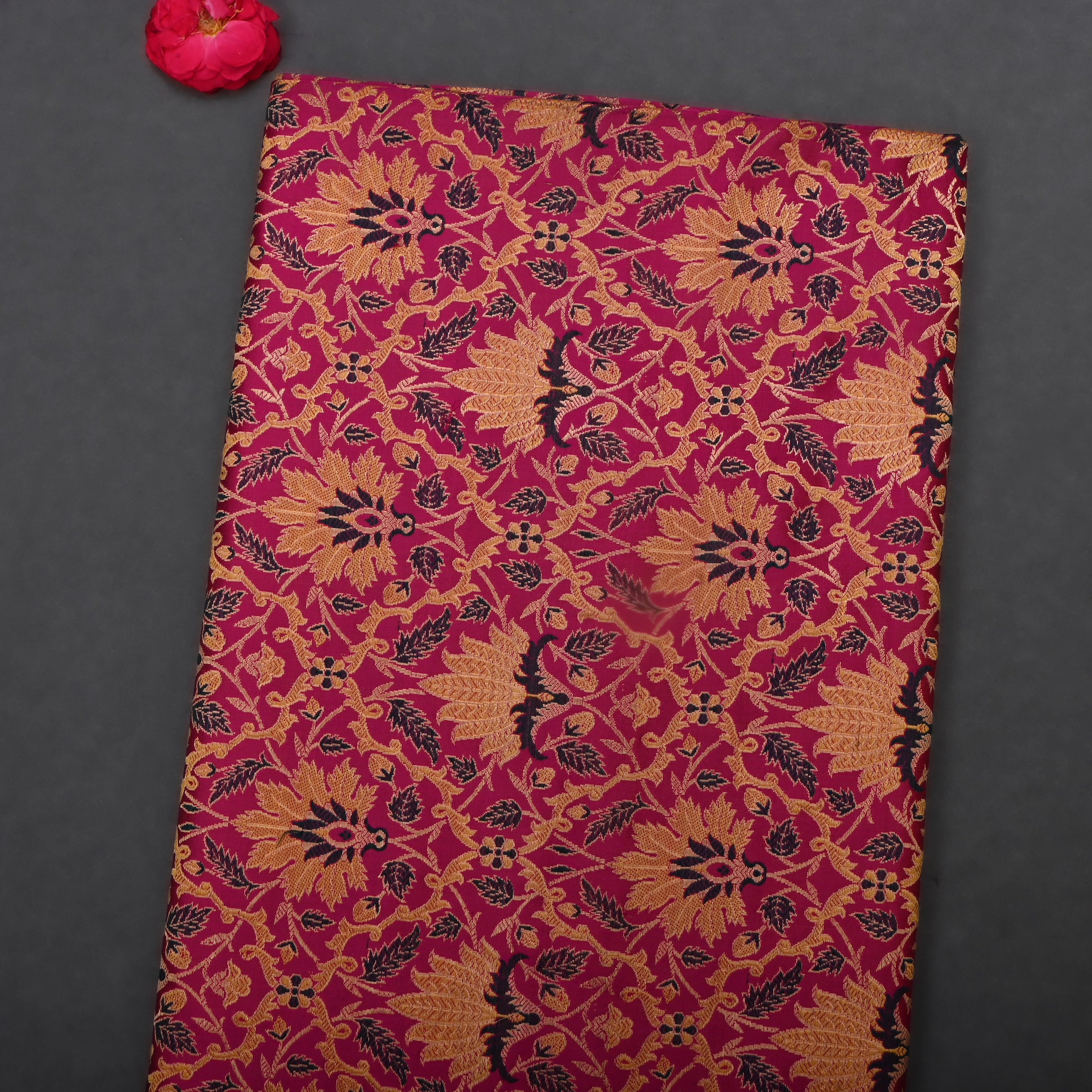 Hot Pink Jamawar Satin Fabric With Floral Jaal