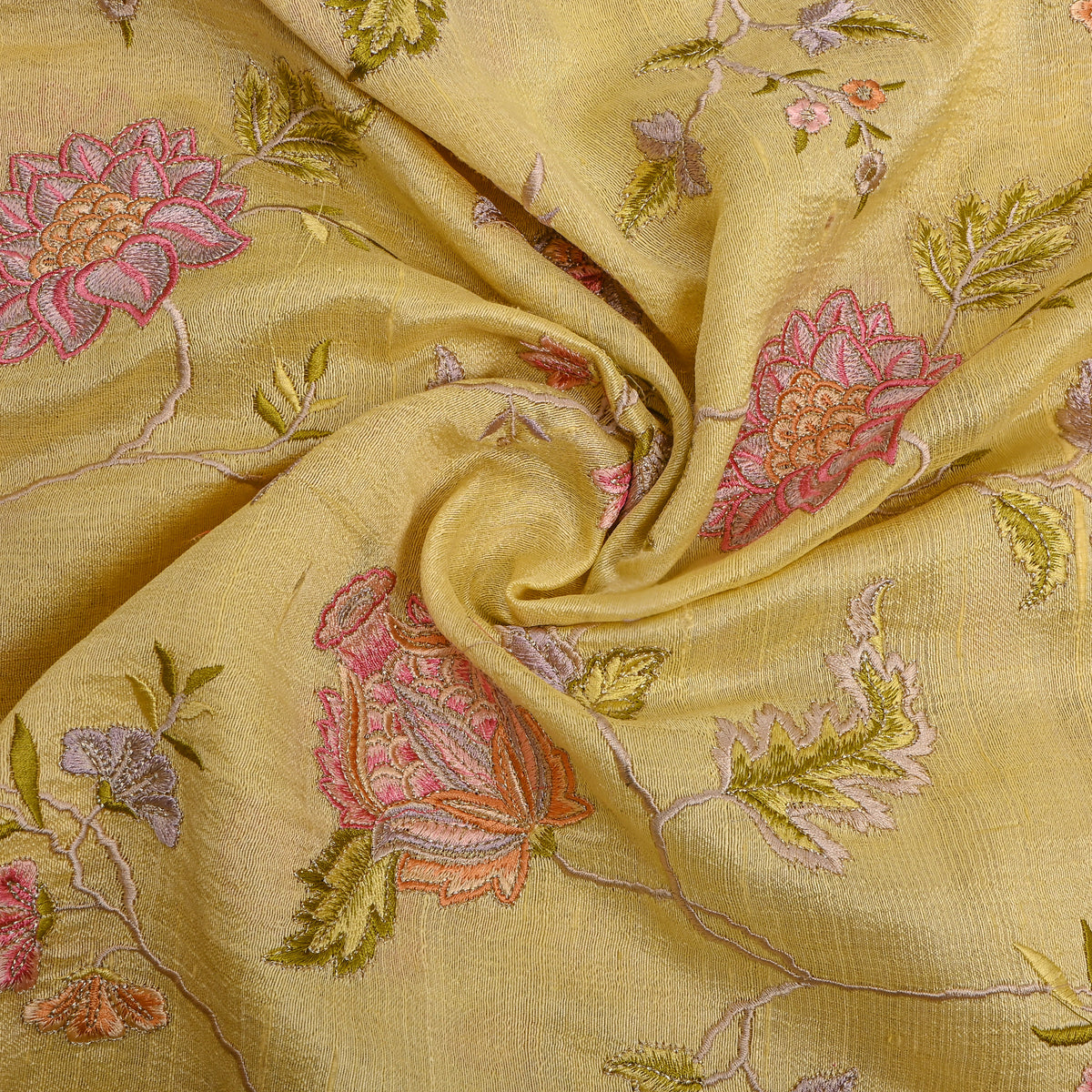 Y Ellow Floral Jaal Thread Work Raw Silk Fabric