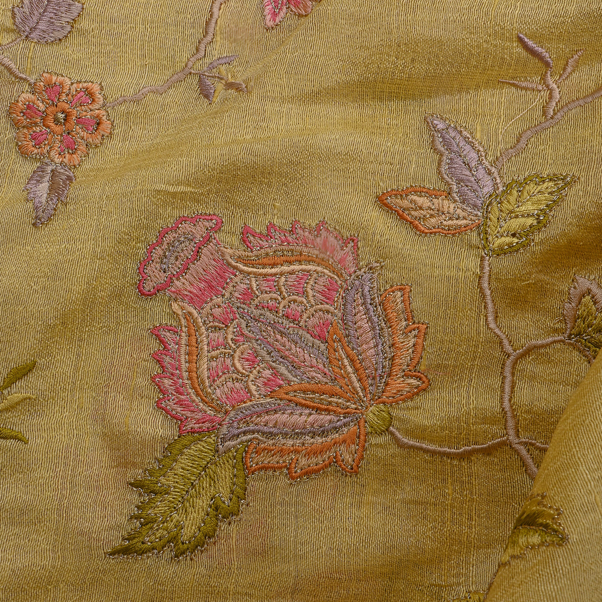 Y Ellow Floral Jaal Thread Work Raw Silk Fabric