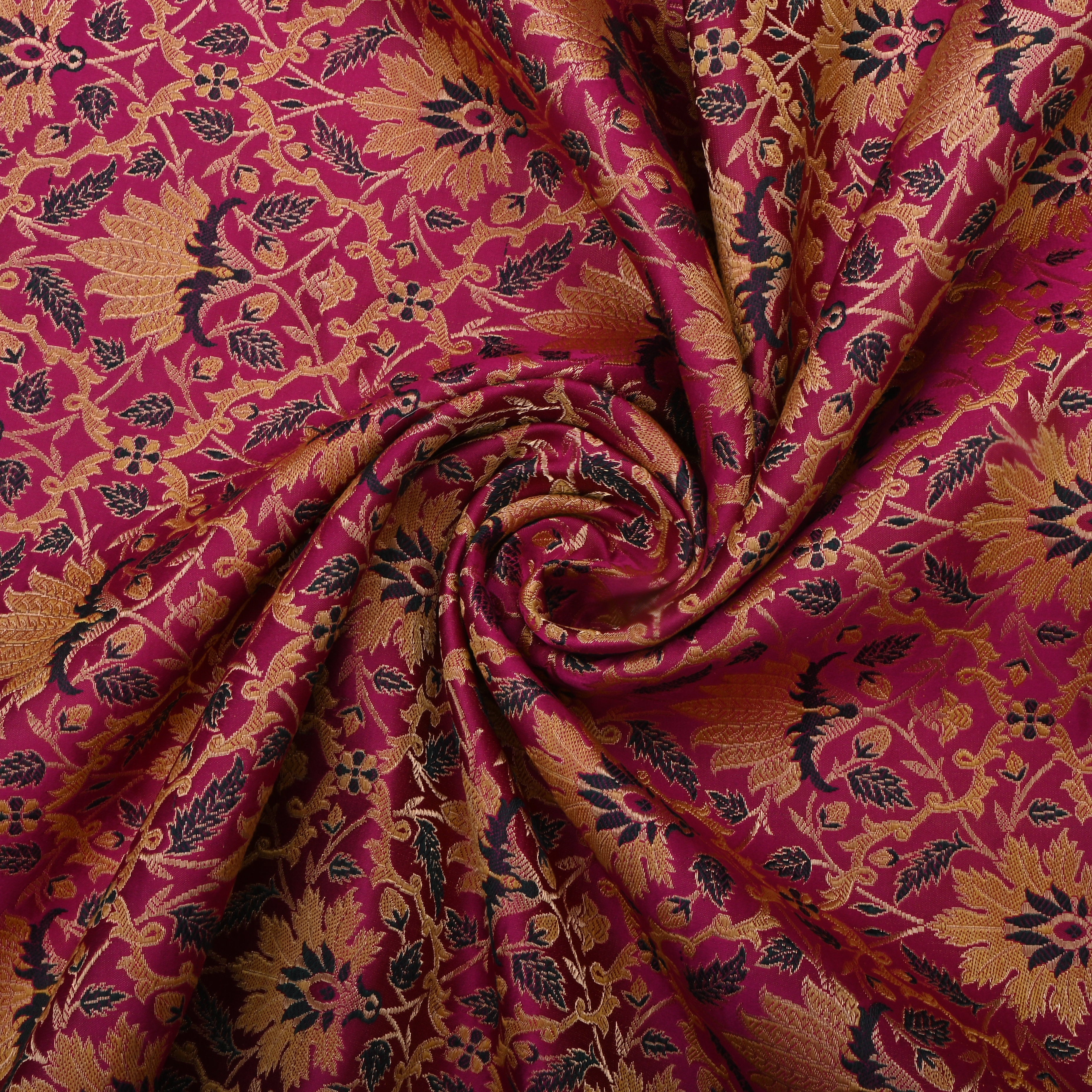 Hot Pink Jamawar Satin Fabric With Floral Jaal