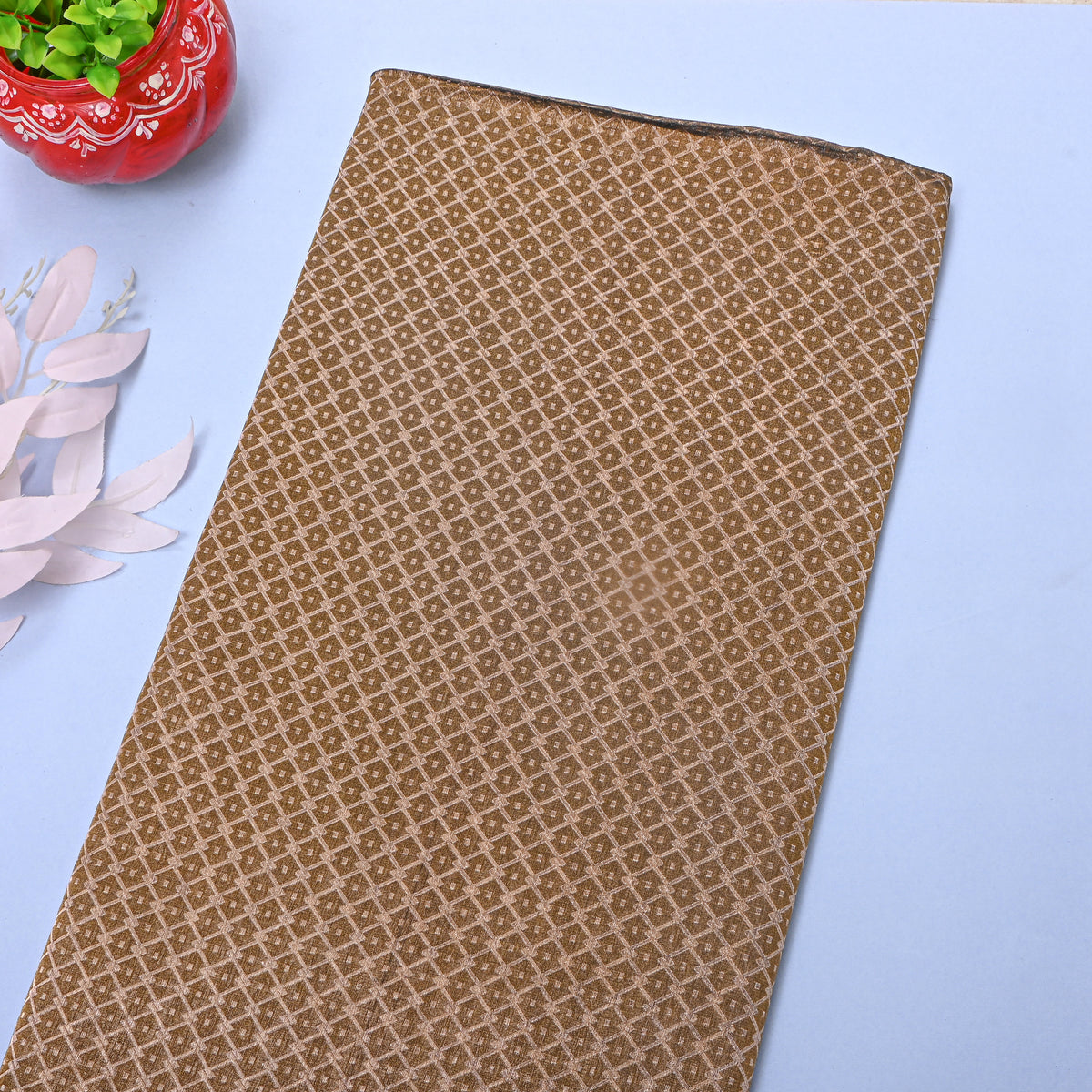 Brown Gold Zari Checks Brocade Banarasi Silk Fabric