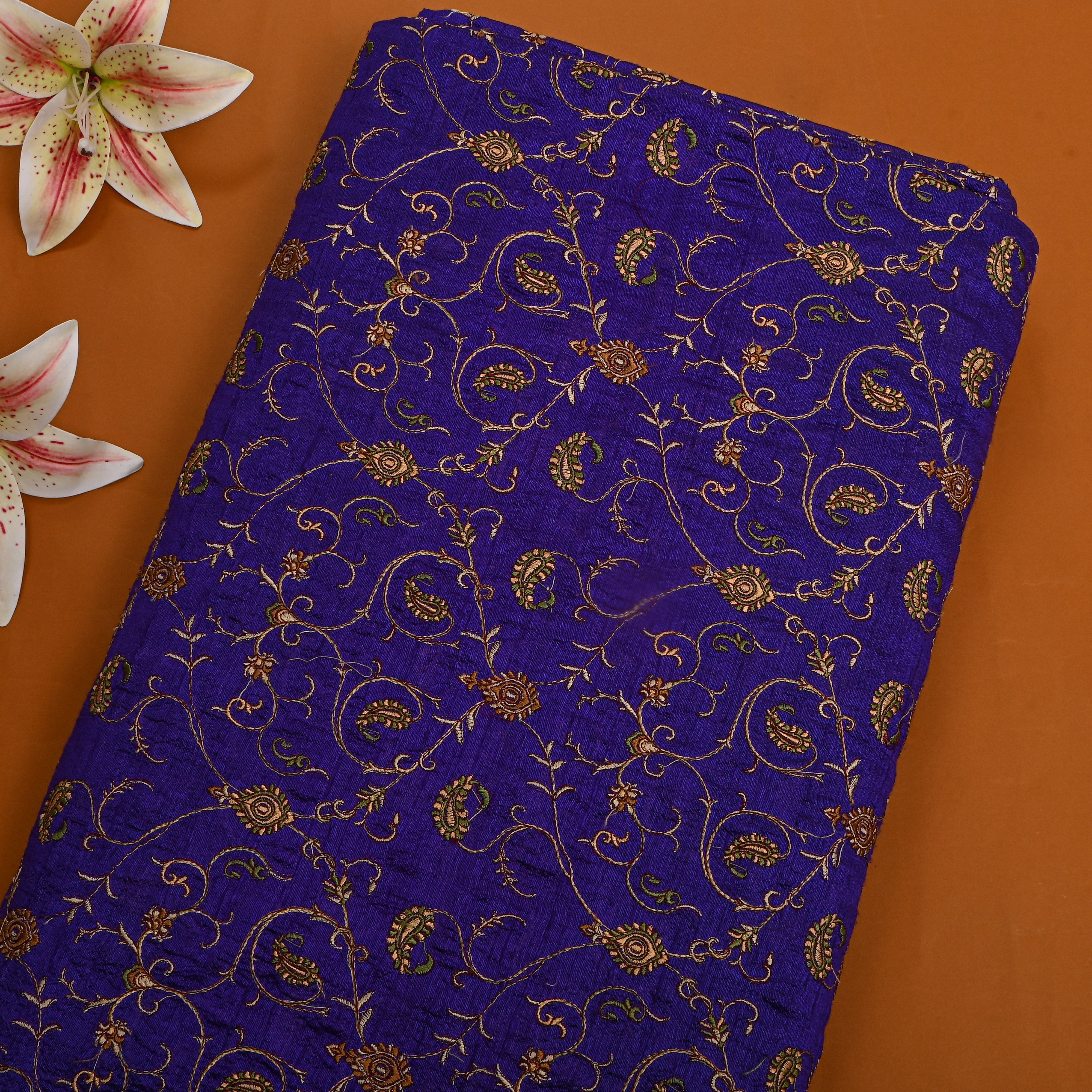 Royal Blue Geometric Jaal Raw Silk Fabric