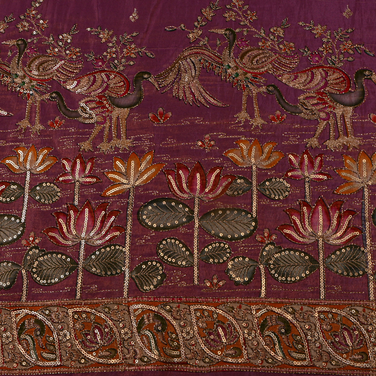 Aubergine Peacock Lotus Pond Sequin Embroidery Tissue Fabric