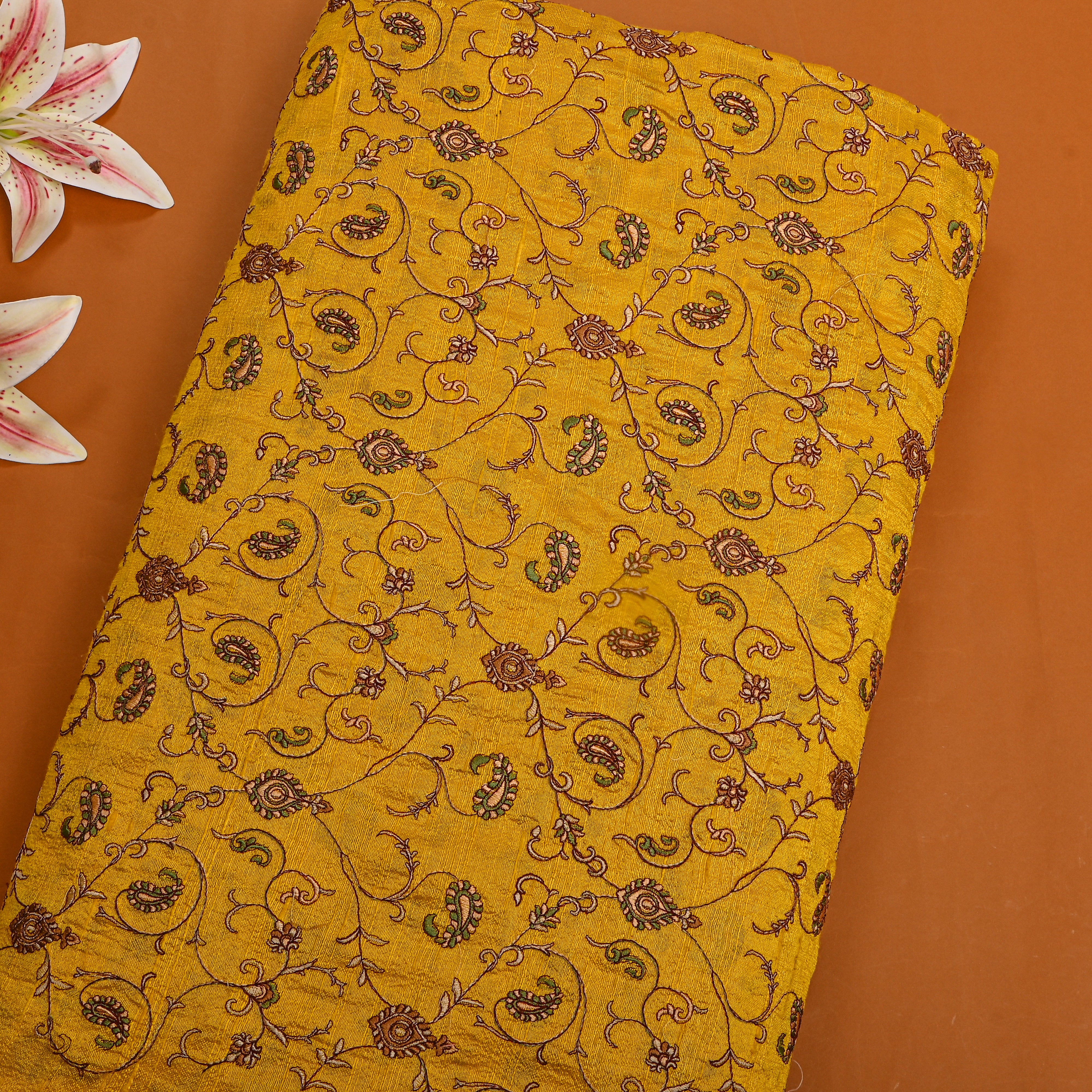 Mustard Yellow Geometric Jaal Raw Silk Fabric