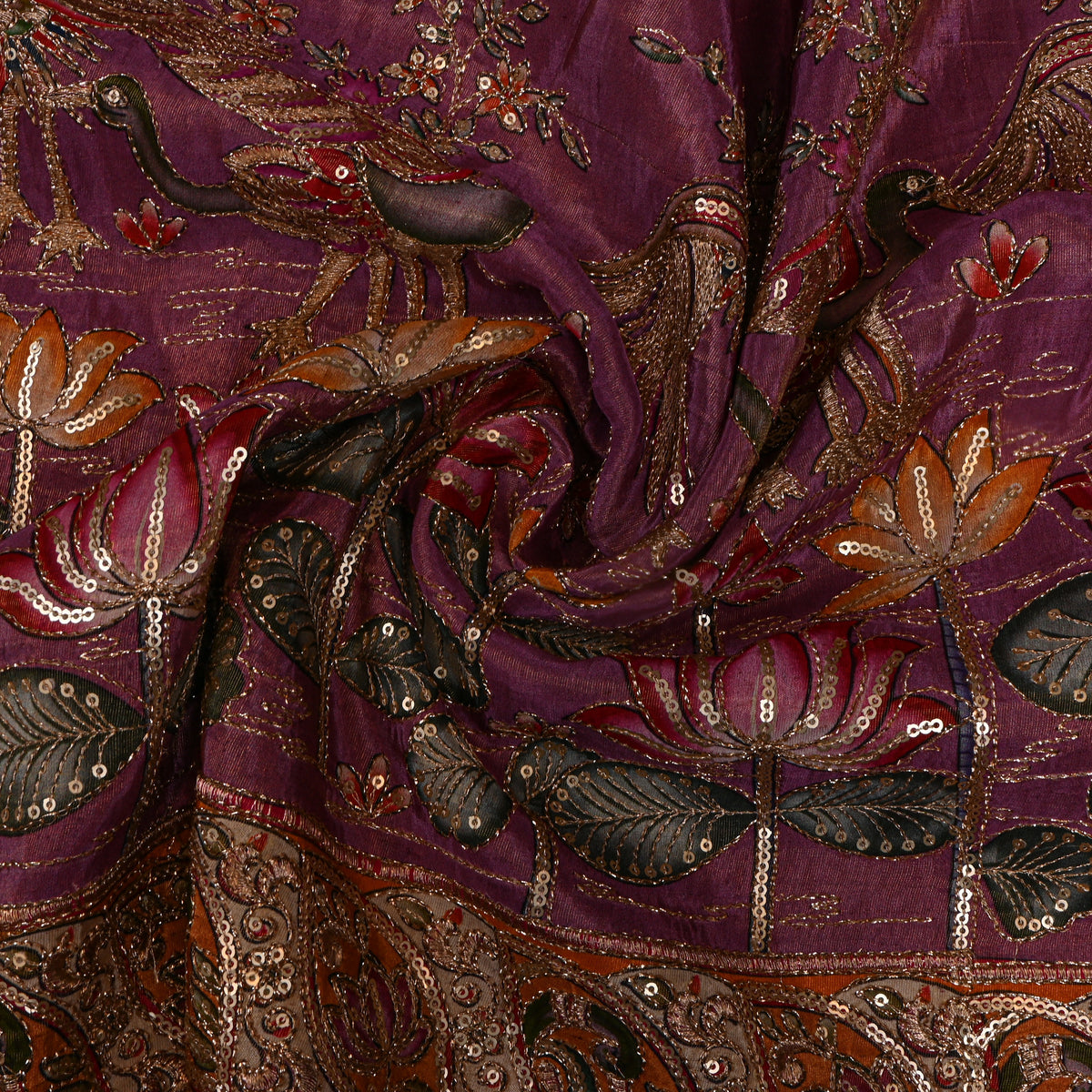 Aubergine Peacock Lotus Pond Sequin Embroidery Tissue Fabric