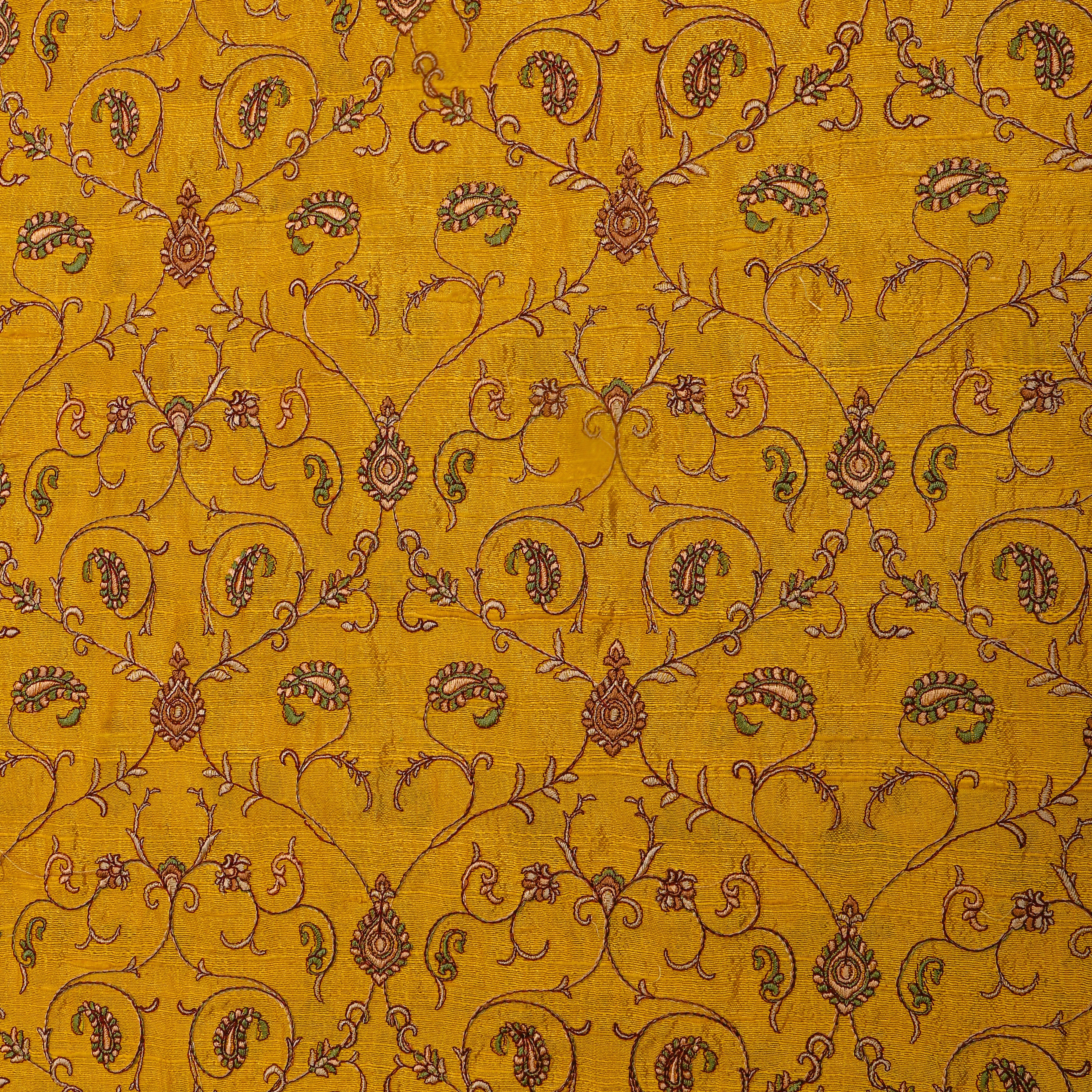 Mustard Yellow Geometric Jaal Raw Silk Fabric