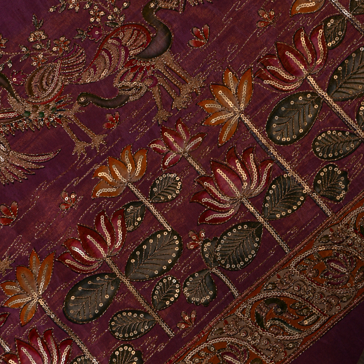 Aubergine Peacock Lotus Pond Sequin Embroidery Tissue Fabric