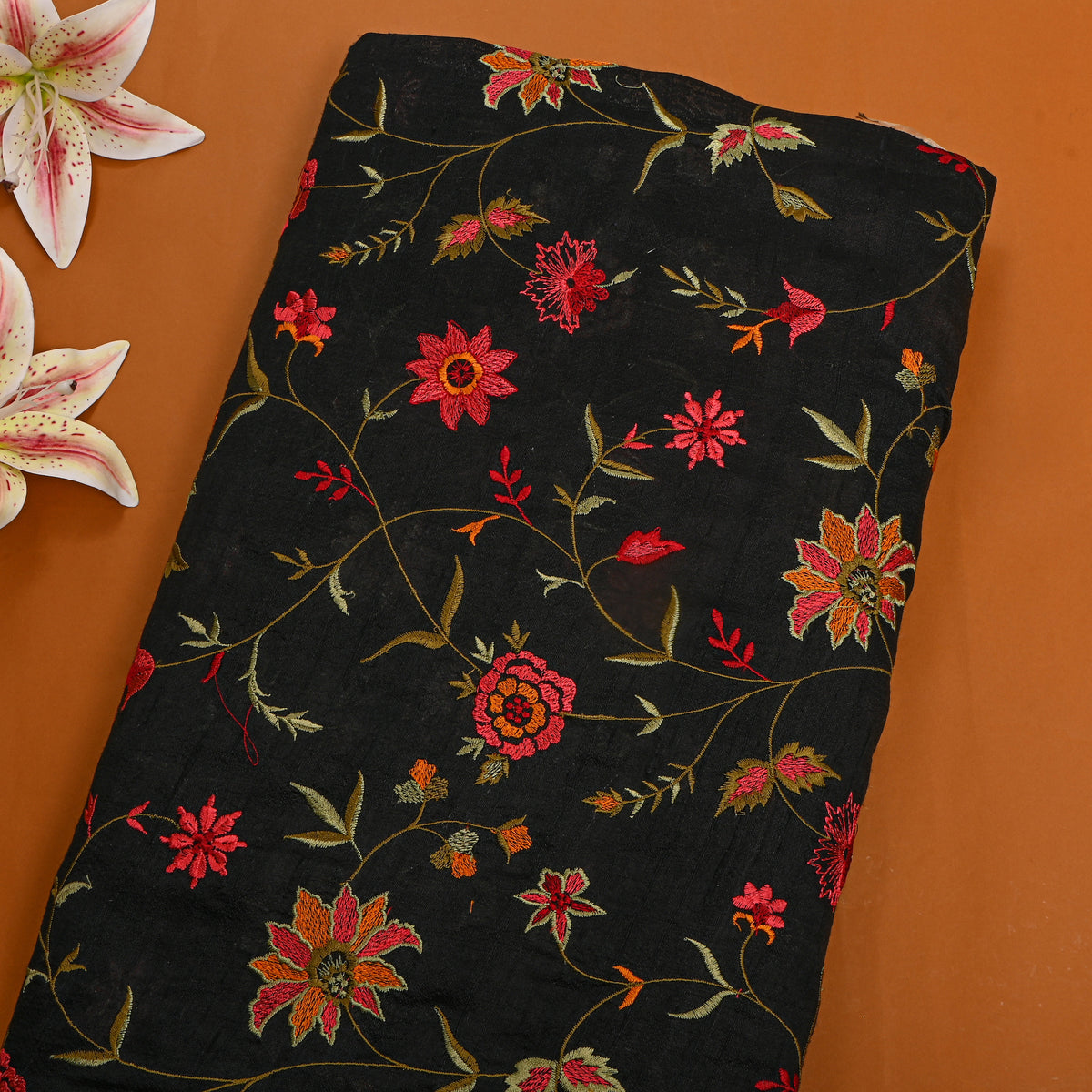 Black With Colourful Floral Jaal Raw Silk Fabric