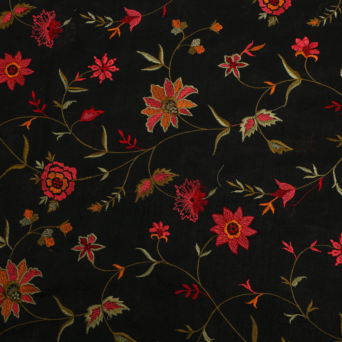 Black With Colourful Floral Jaal Raw Silk Fabric