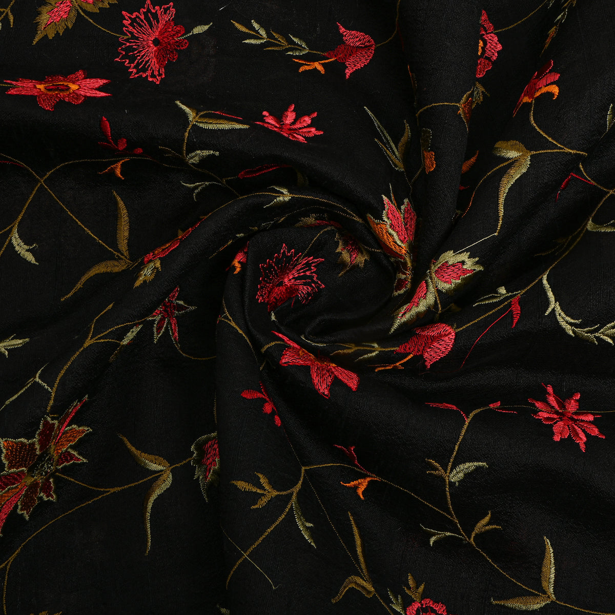 Black With Colourful Floral Jaal Raw Silk Fabric