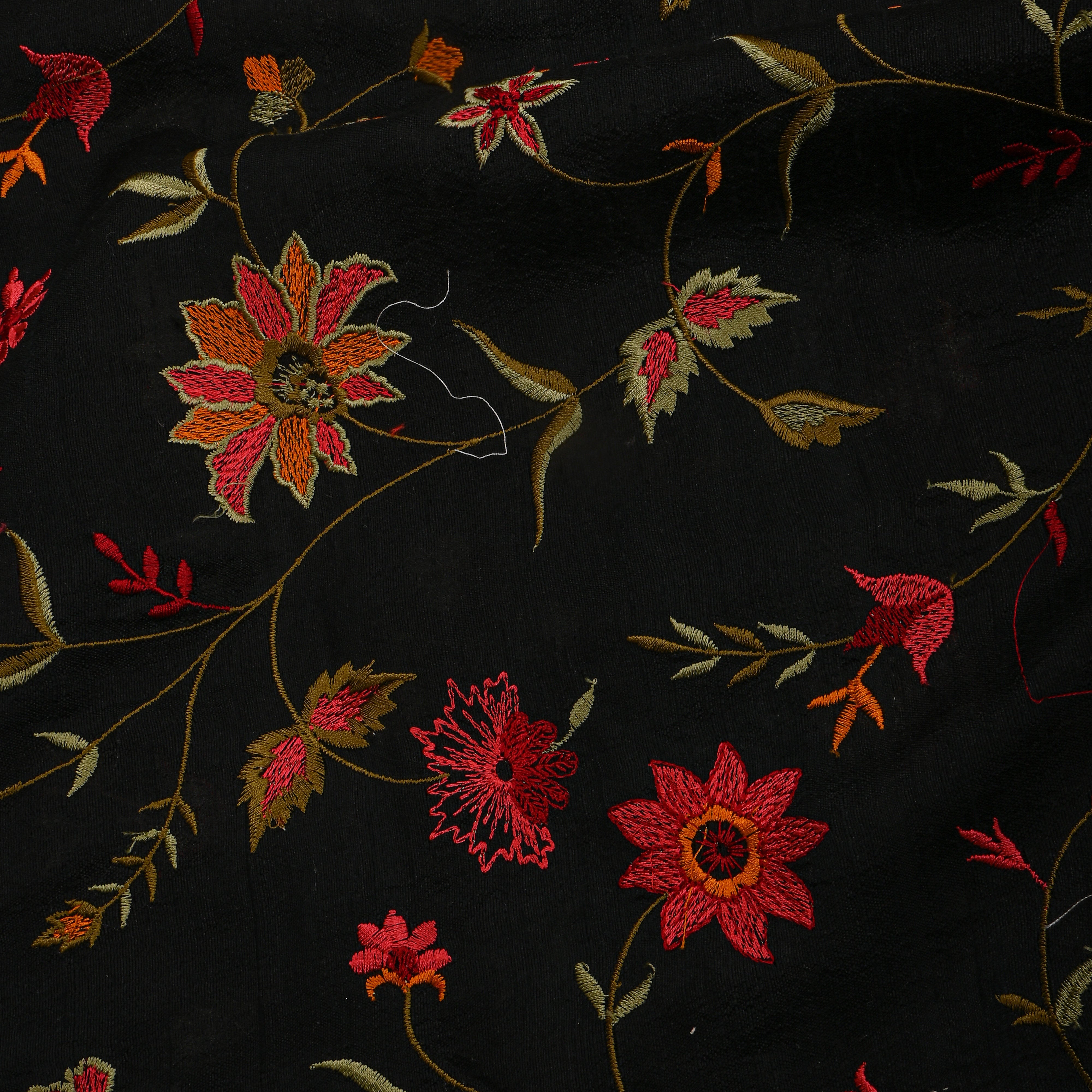 Black With Colourful Floral Jaal Raw Silk Fabric