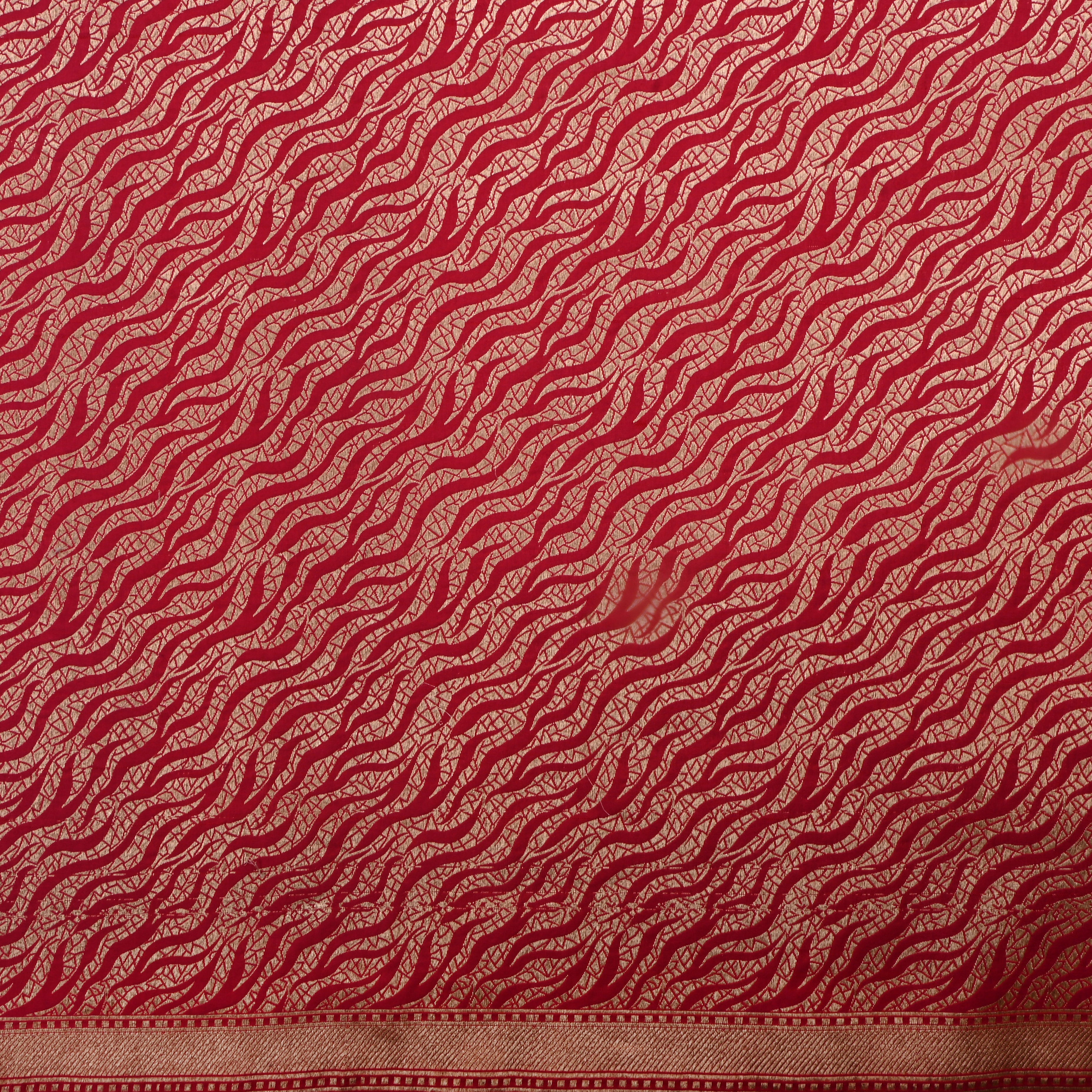 Bright Red Jamawar Silk Fabric With Wave Pattern