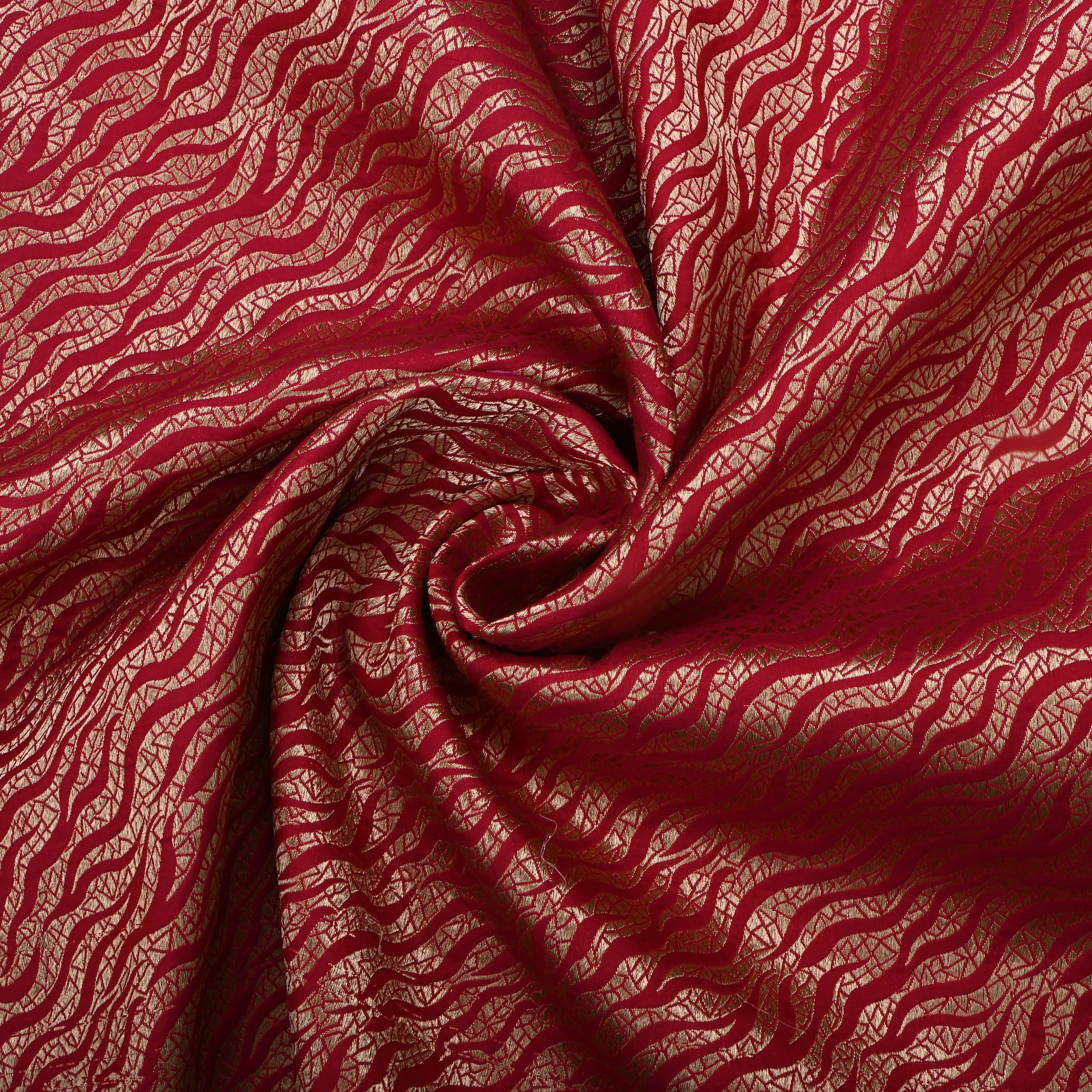 Bright Red Jamawar Silk Fabric With Wave Pattern