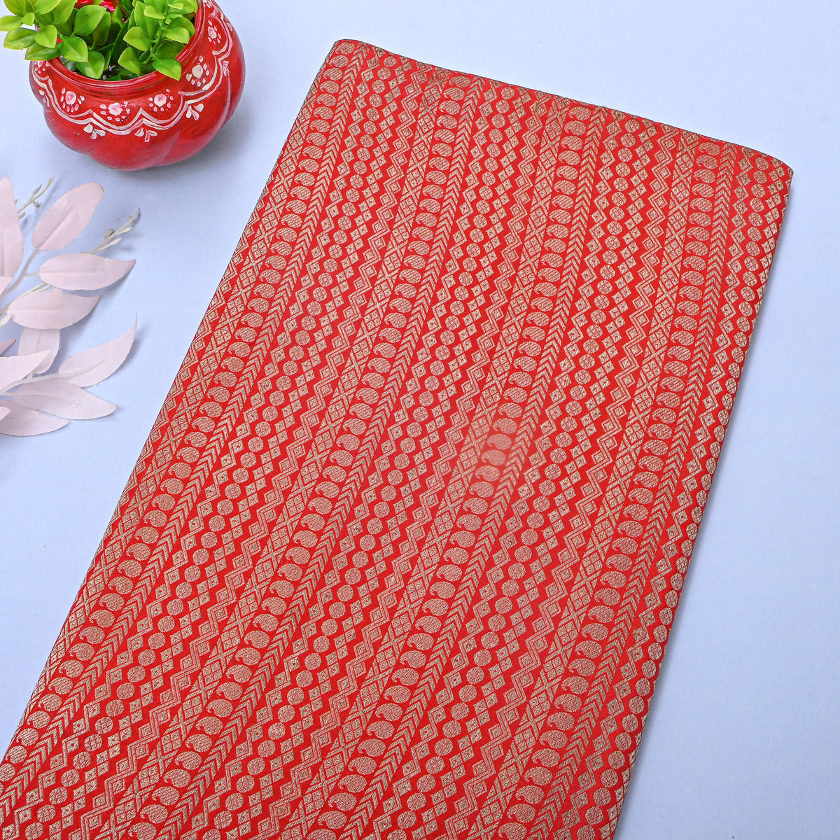 Fiery Red Jamawar Silk With Gold Paisley Bands