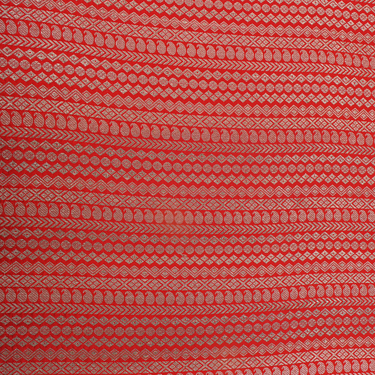 Fiery Red Jamawar Silk With Gold Paisley Bands