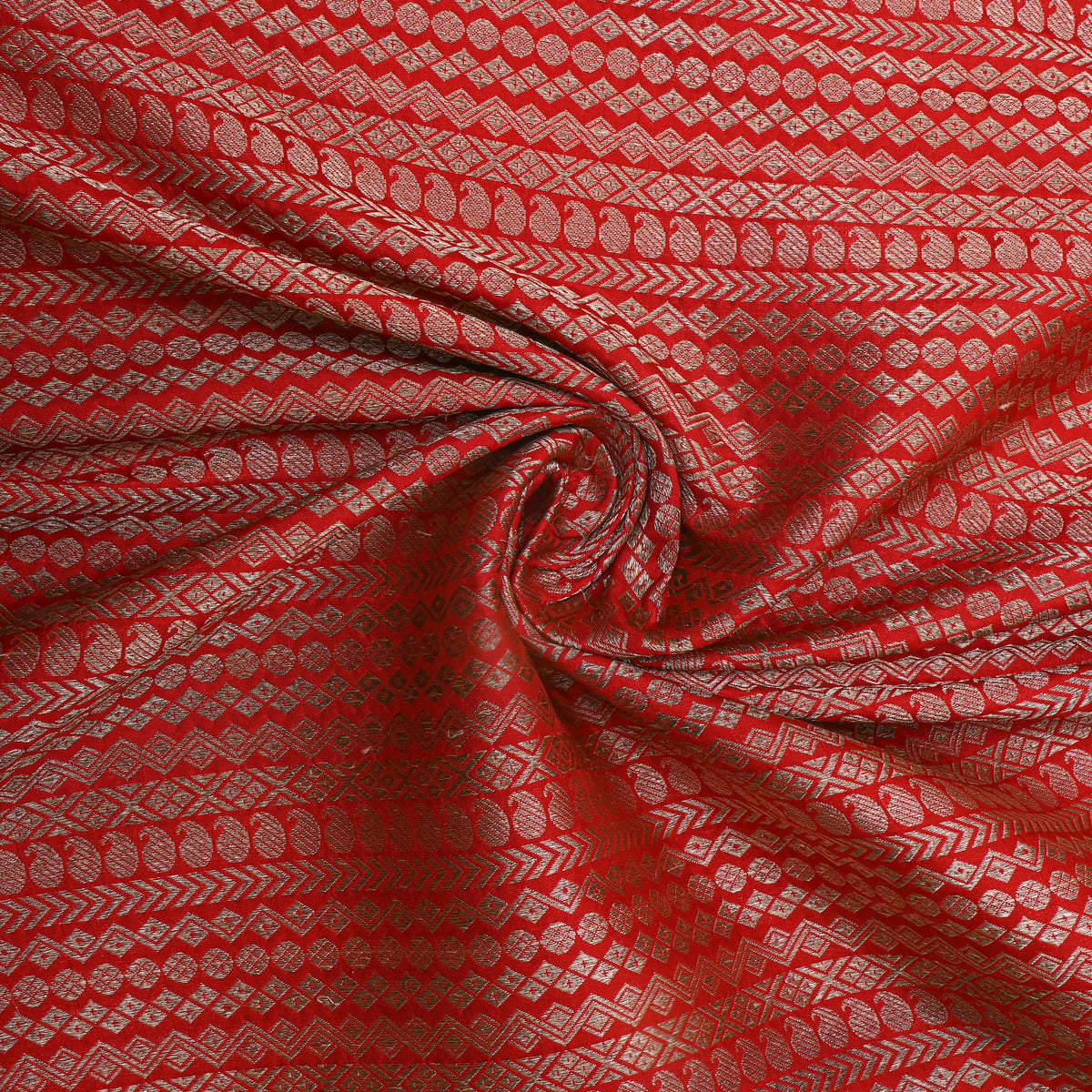 Fiery Red Jamawar Silk With Gold Paisley Bands