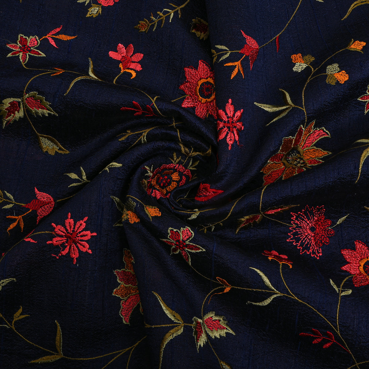 Dark Navy Blue Floral Jaal Raw Silk Fabric