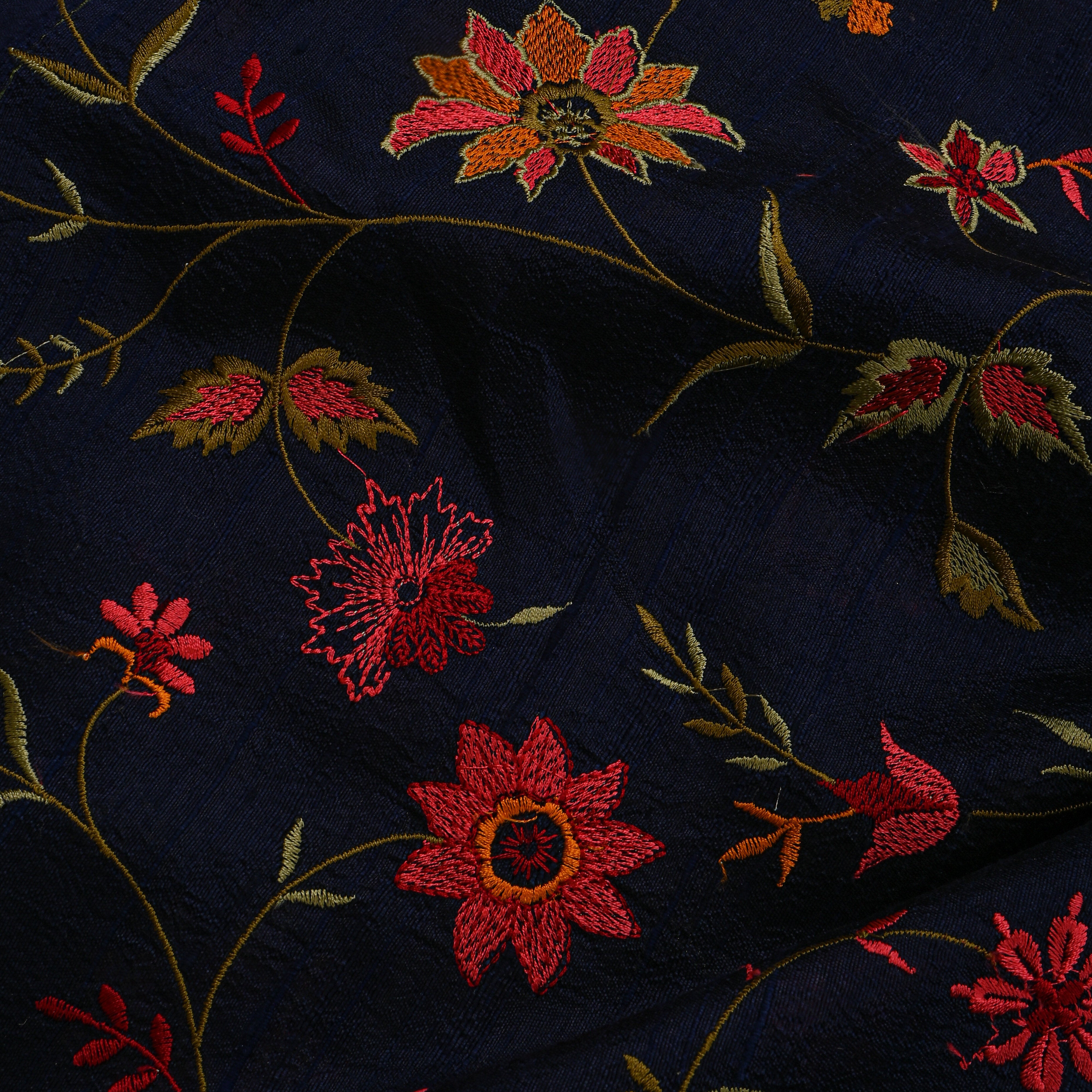 Dark Navy Blue Floral Jaal Raw Silk Fabric