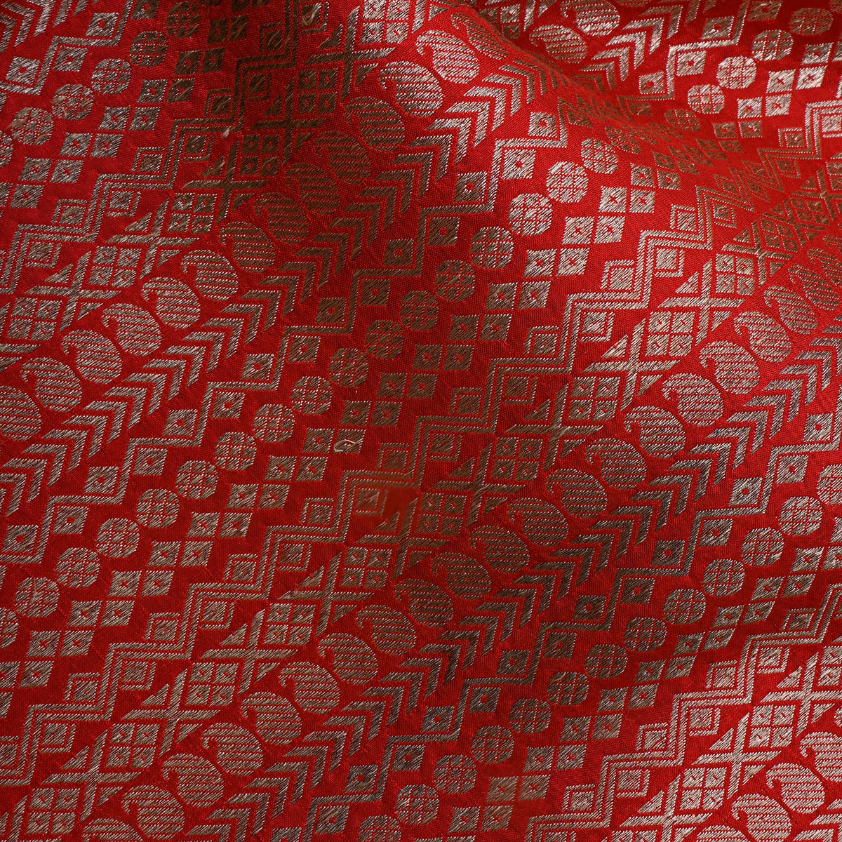 Fiery Red Jamawar Silk With Gold Paisley Bands