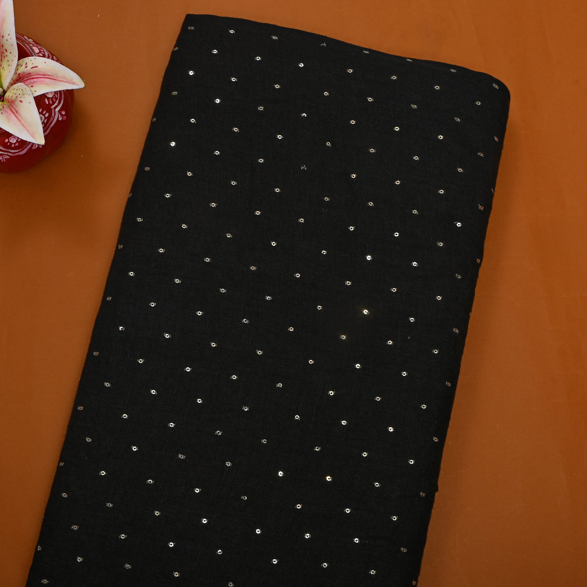 Midnight Black Sequin Embroidery Linen Fabric